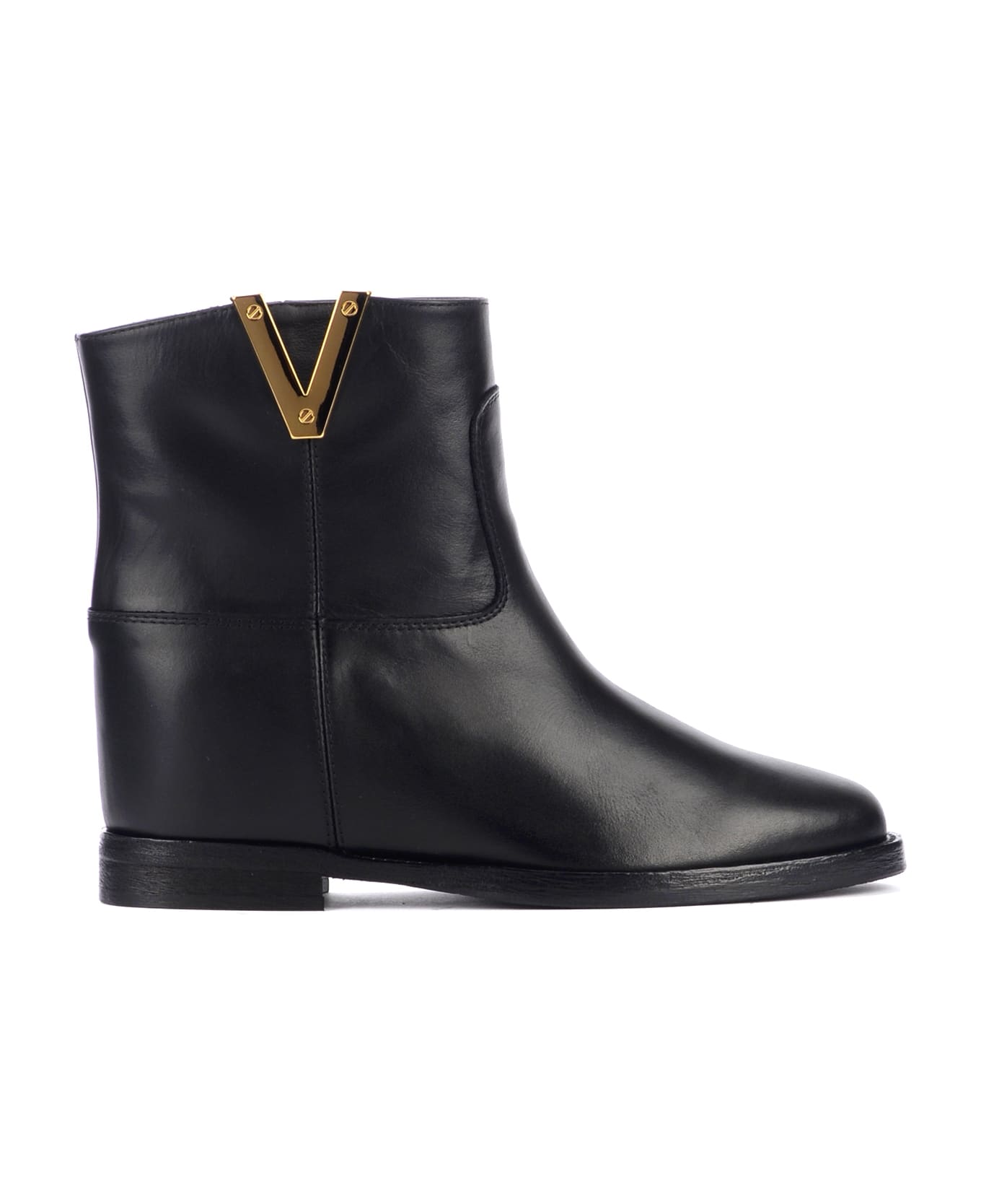 Via Roma 15 Ankle Boot In Black Leather With Golden V - BLACK