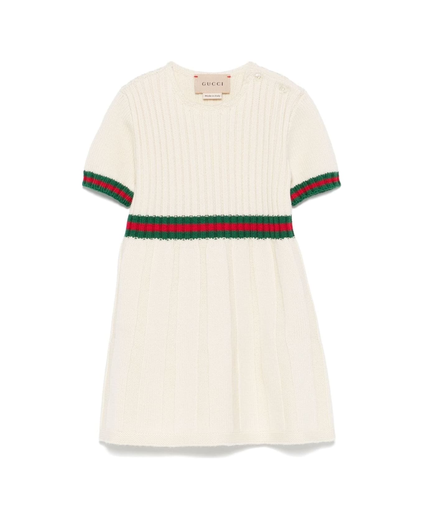 Gucci White Pleated Wool Dress With Web Ribbon - White