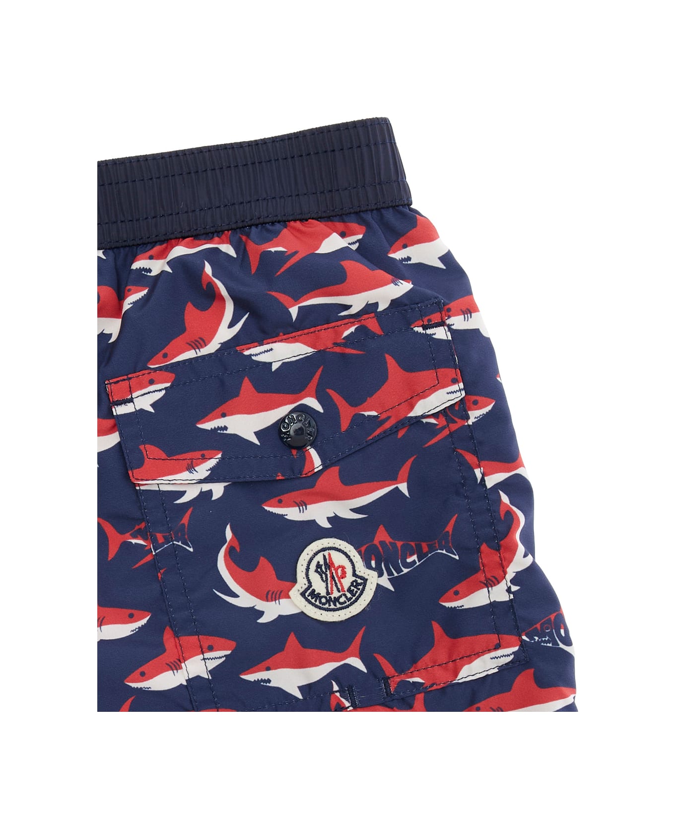 Moncler Multicolor Swimsuit With All-over Shark Print And Logo Patch On The Back In Tech Fabric Boy - Multicolor