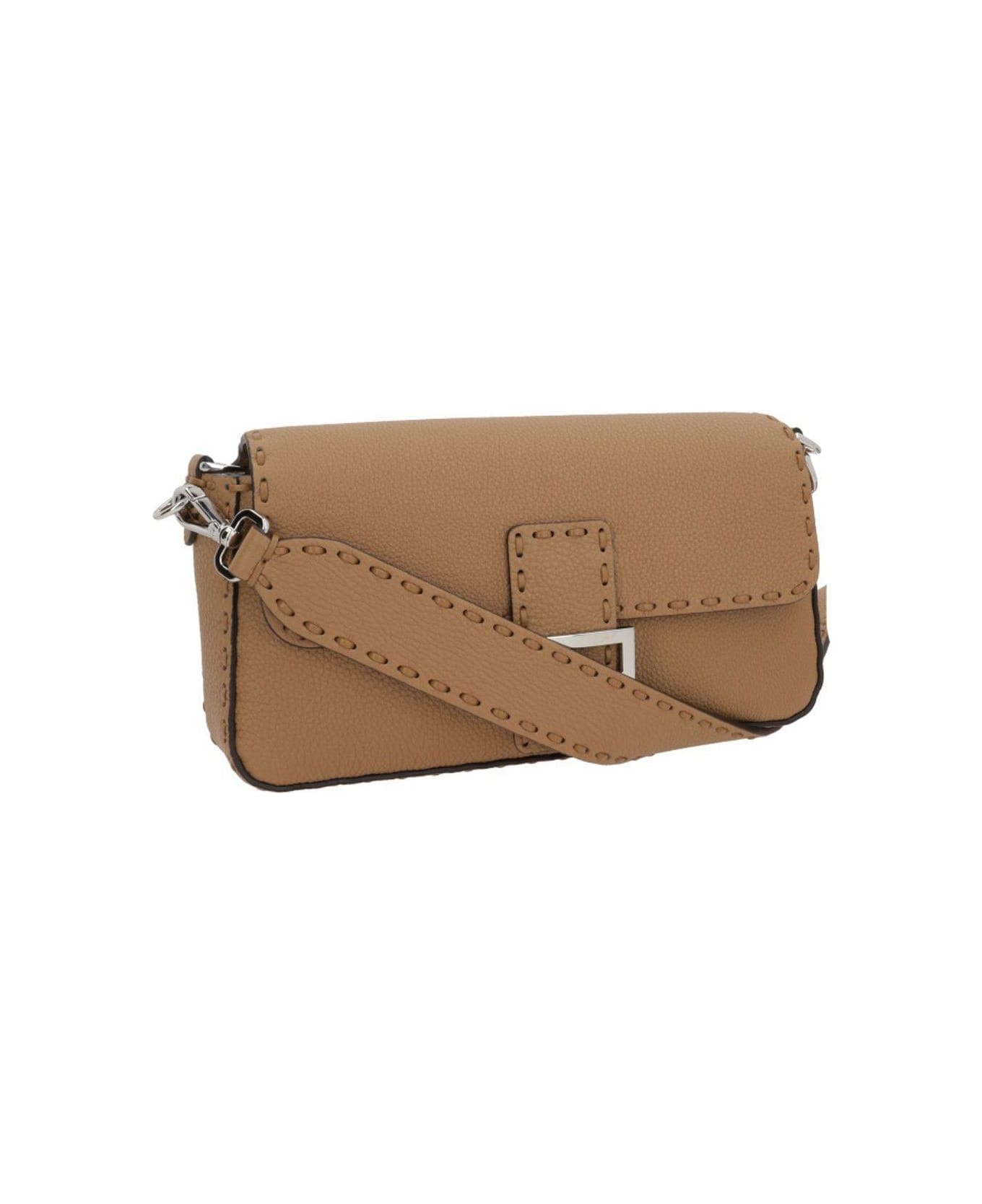 Fendi Ff Plaque Foldover-top Shoulder Bag - CAPPUCCINO+PALLADIO
