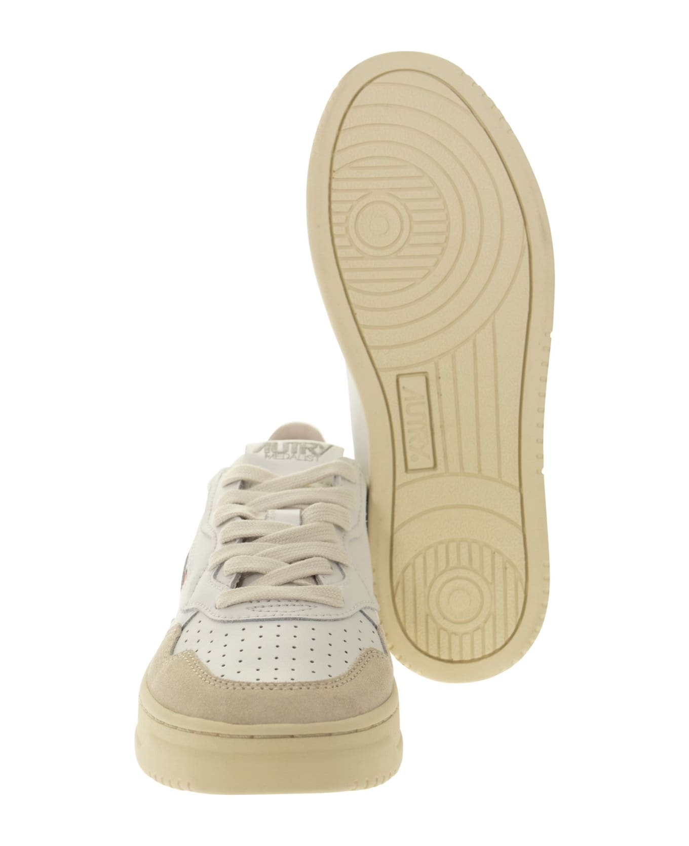 Autry Medalist Low - Leather And Suede Sneakers - White/pink/beige