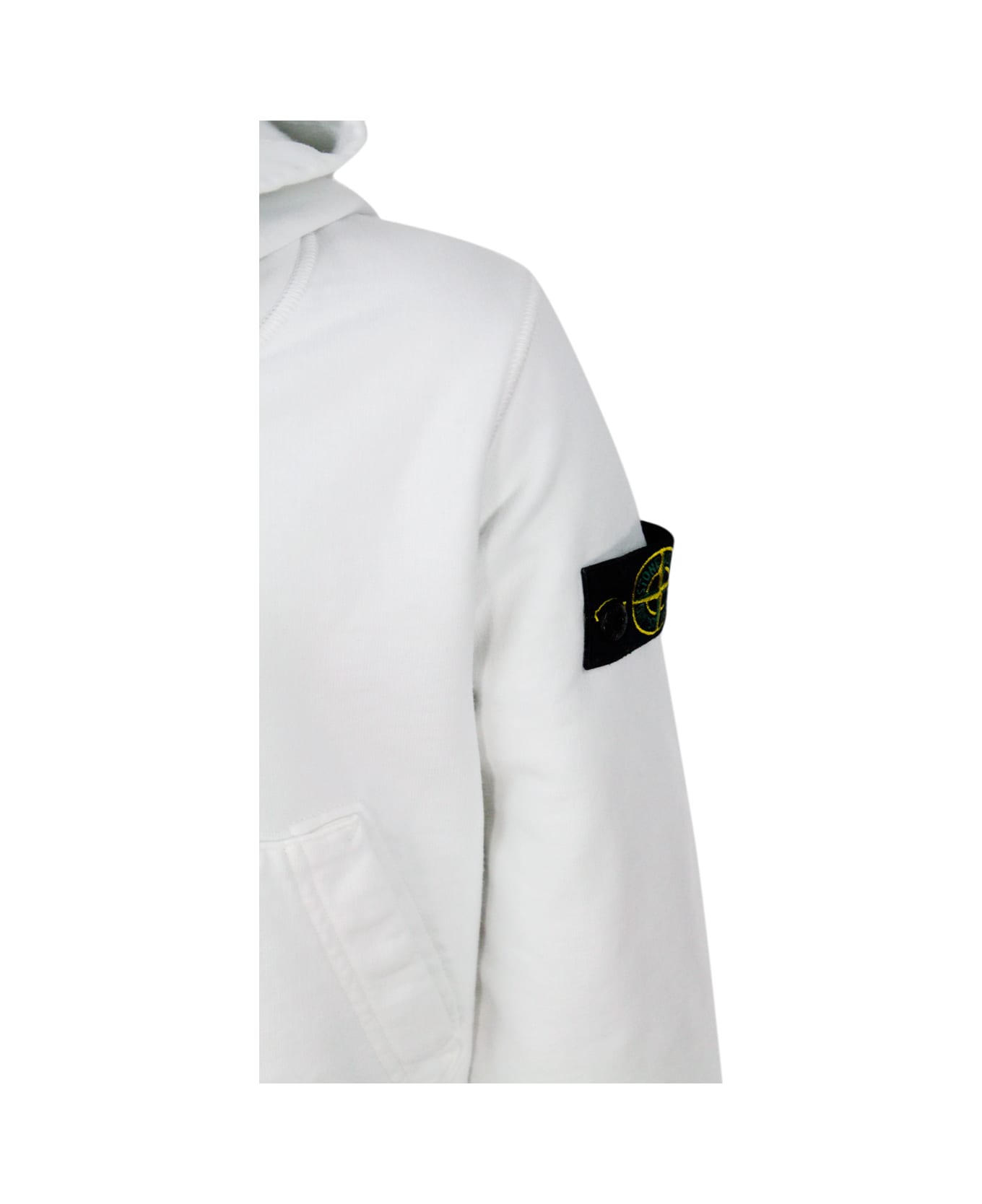 Stone Island Rocky Hooded Sweatshirt With Long Sleeves In Stretch Cotton With Badge On The Left Sleeve - White