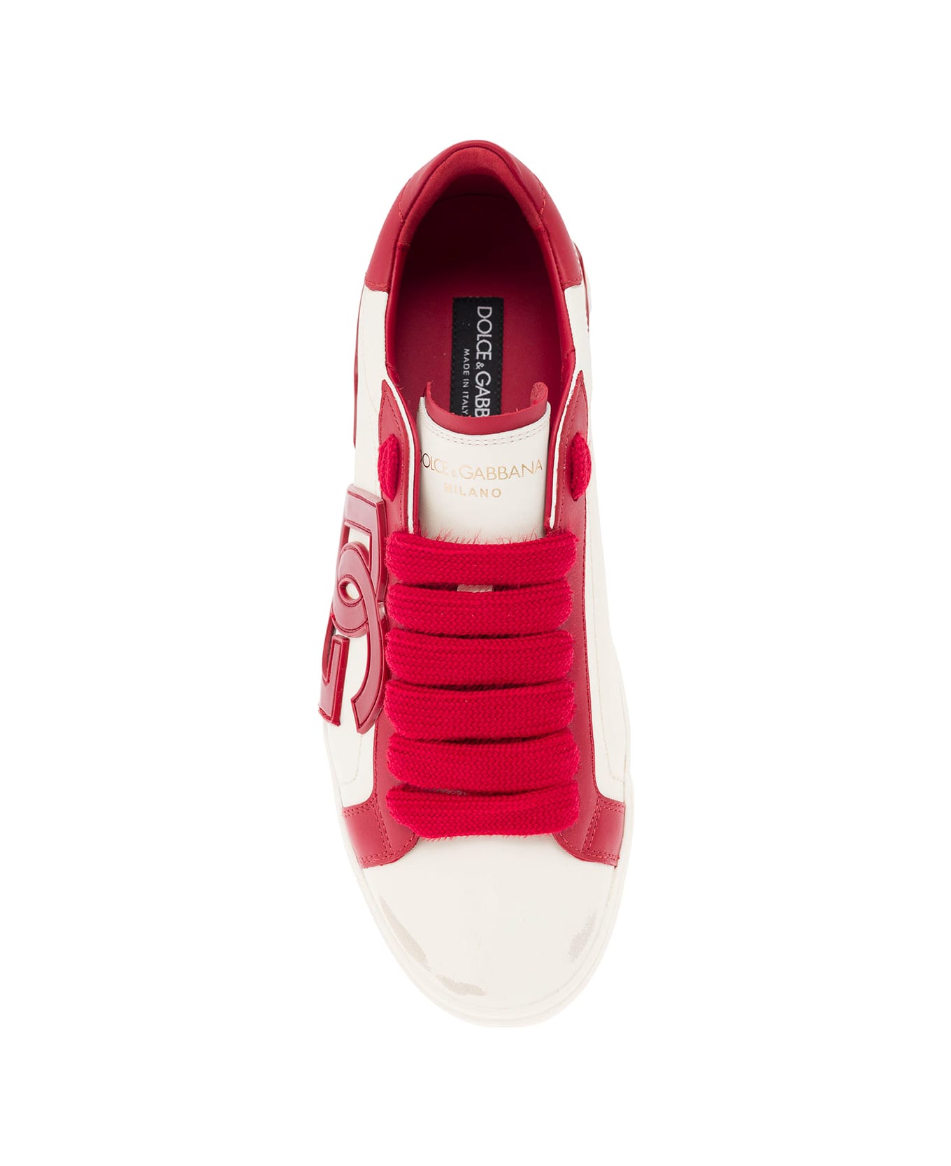 Dolce & Gabbana 'vintage Portafino' White And Red Low Top Sneakers With Dg Patch In Leather Man - Red スニーカー