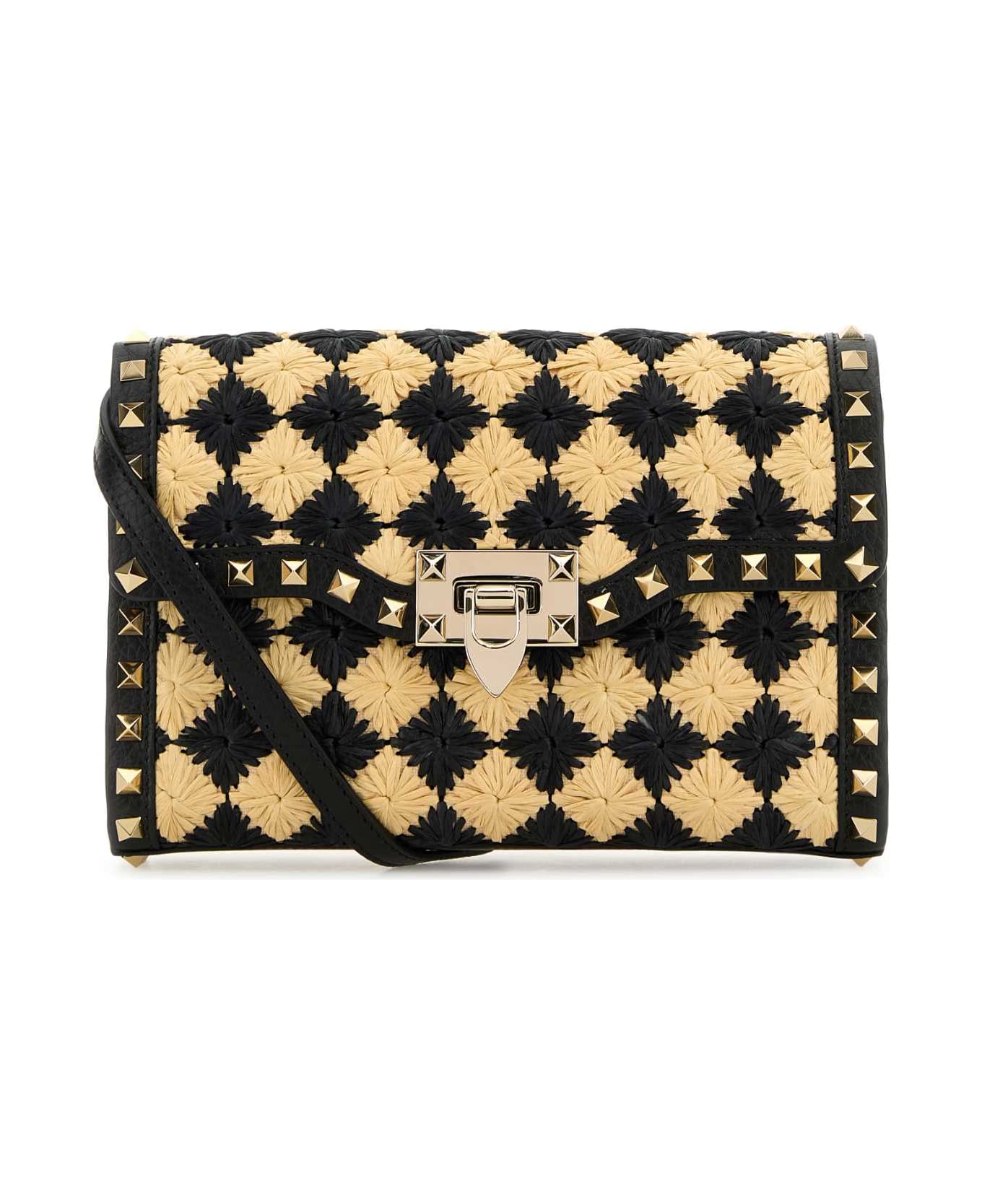 Valentino Garavani Two-tone Raffia Rockstud Crossbody Bag - NATURALENERO