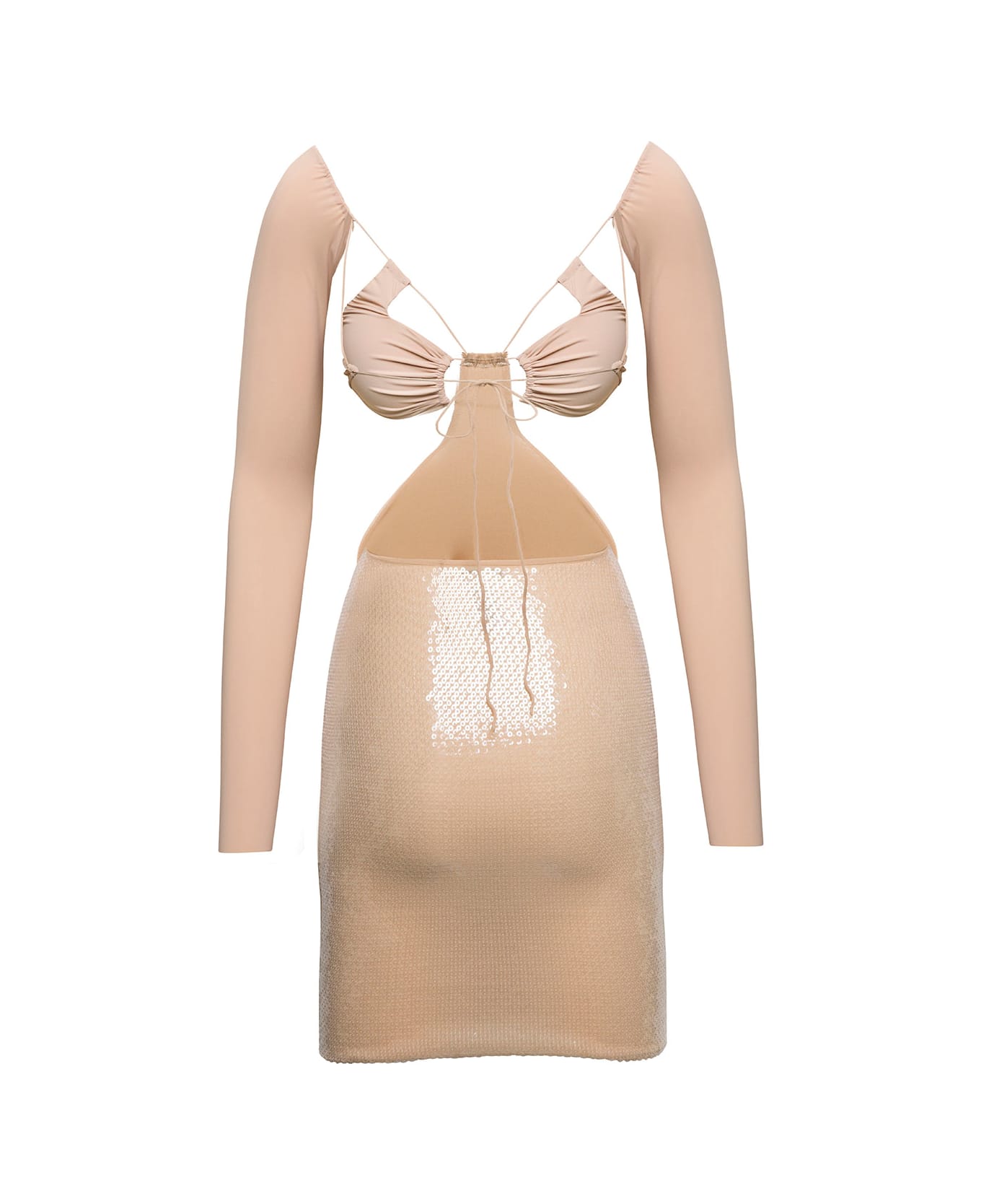 Amazuìn 'vera' Beige Mini Long-sleeve Dress With Tonal Paillettes In Stretch Polyamiide Woman - Beige