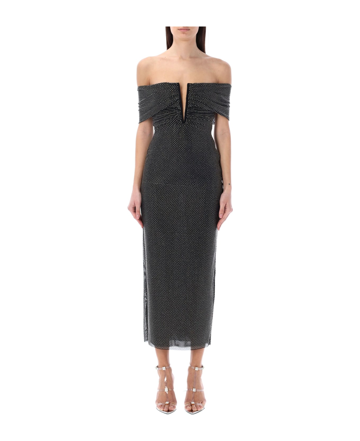 self-portrait Rhinestone Offshoulder Midi Dress - BLACK ワンピース＆ドレス