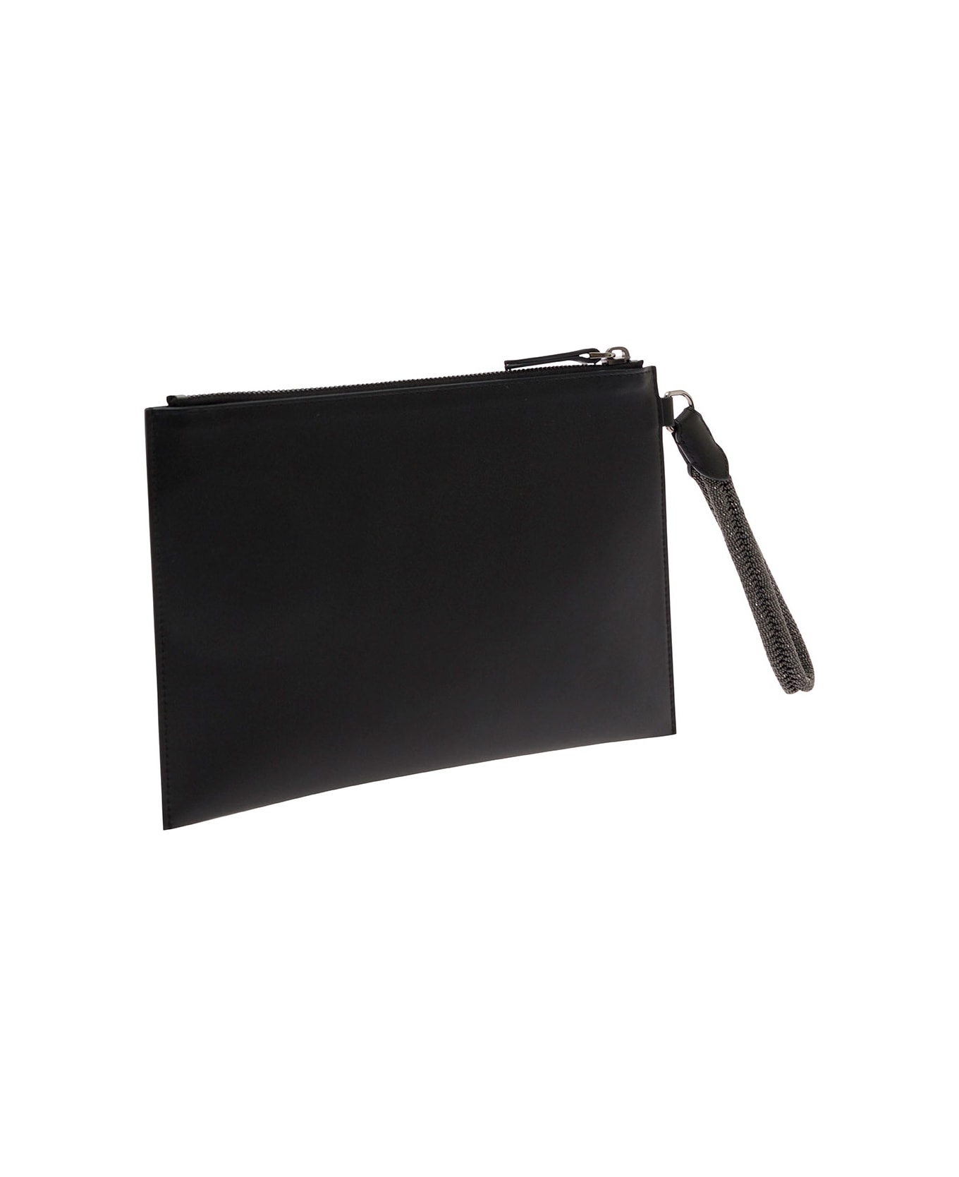 Brunello Cucinelli Black Clutch With Monile Wrist Strap In Leather Woman - Black