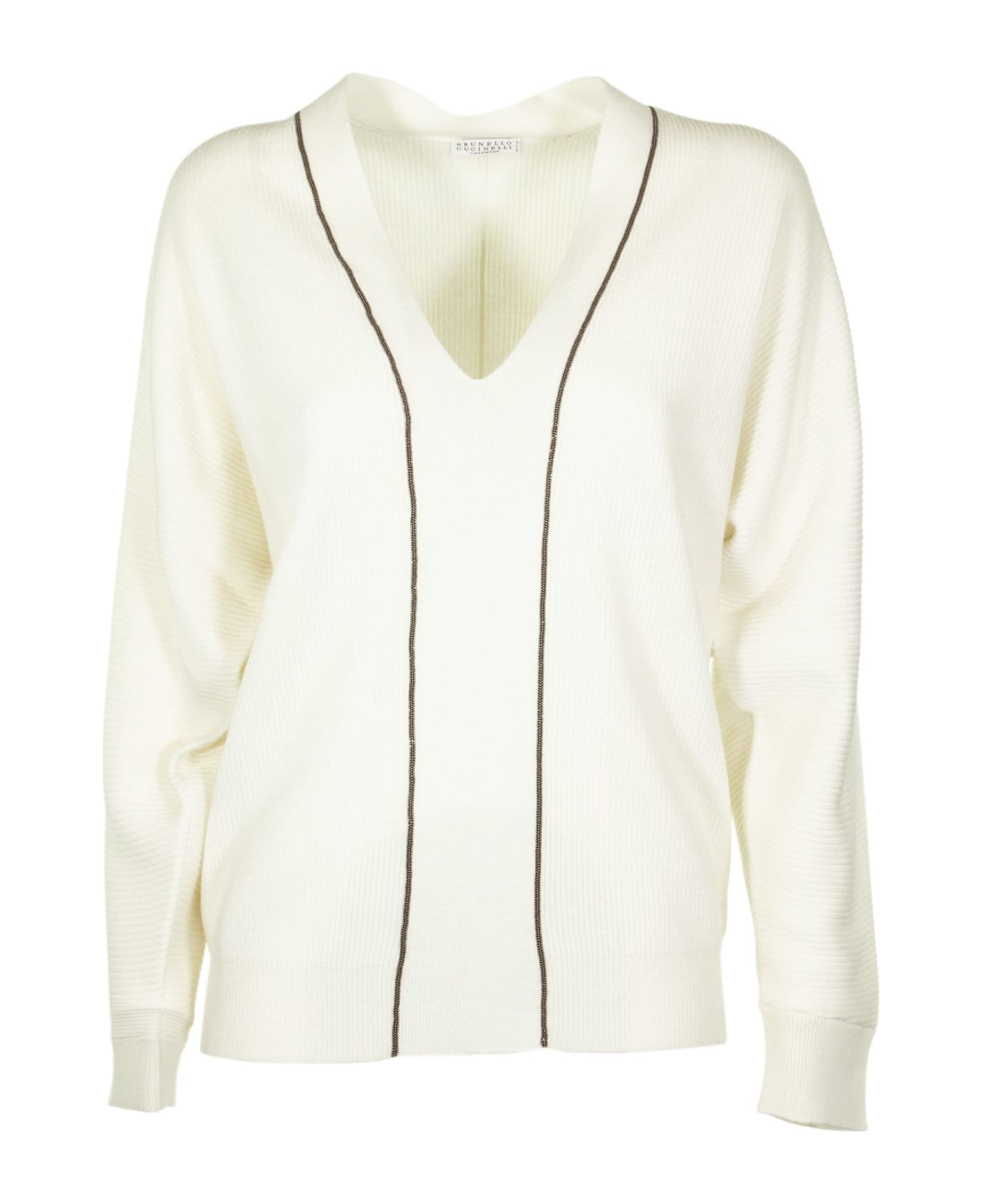 Brunello Cucinelli White V-neck Sweater Cashmere Sweater With Monili - White