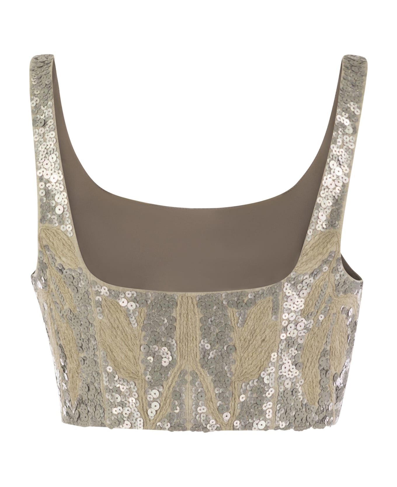 Brunello Cucinelli Light Linen Crop Top With Embroidery - Natural