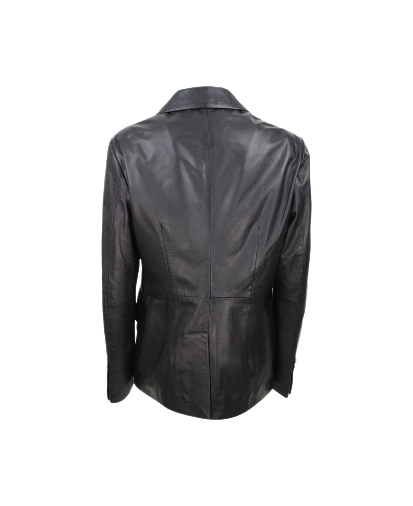 Barba Napoli Soft Leather Blazer Jacket With 2 Button Closure And Flap Pockets - Black