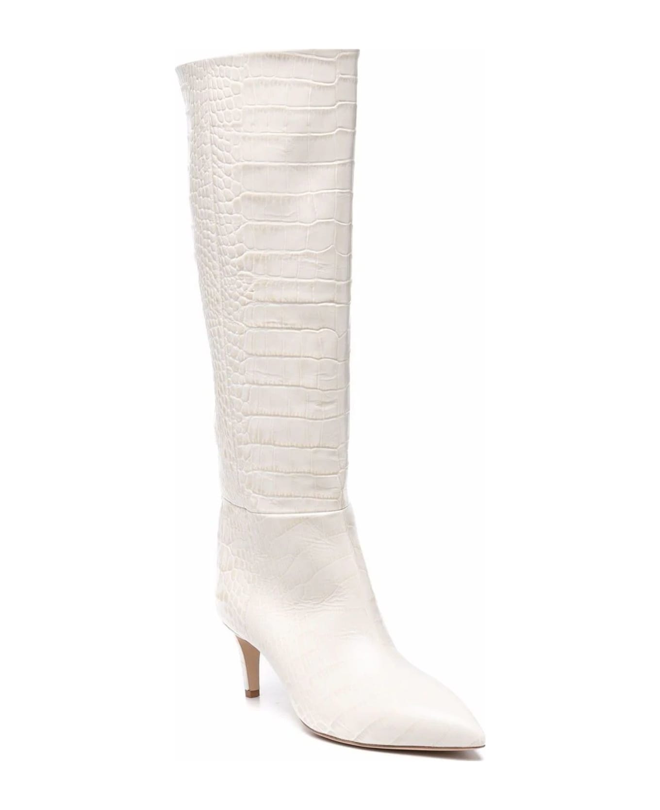 Paris Texas White Leather Croc-effect Stiletto Boots - White