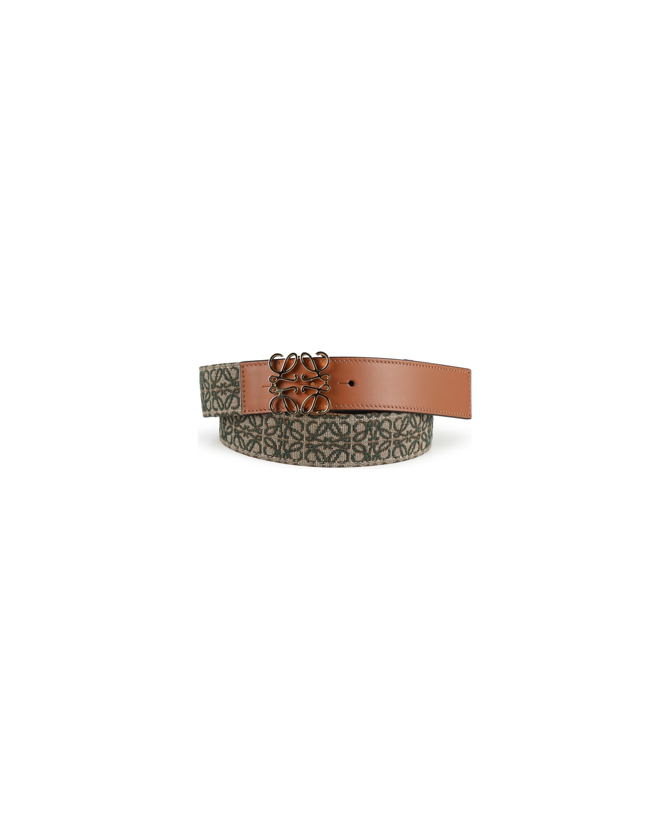 Loewe Anagram Belt In Leather And Jacquard - Khaki green/tan/gold