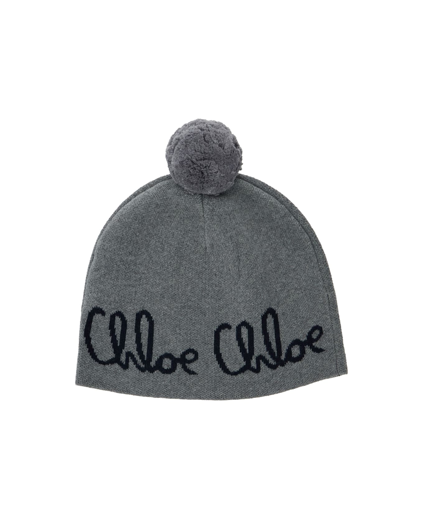 Chloé Grey Beanie With Pompon And Logo Lettering In Wool And Cotton Girl - Grey アクセサリー＆ギフト