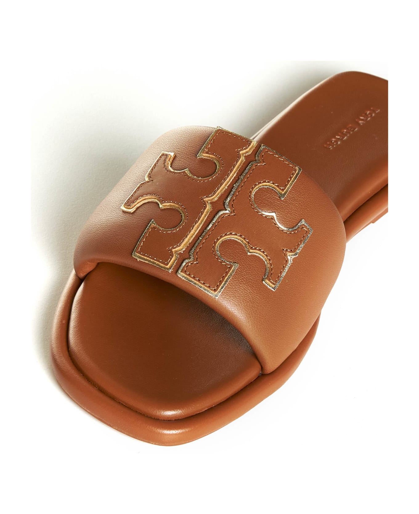 Tory Burch Double T Leather Slides - Brown