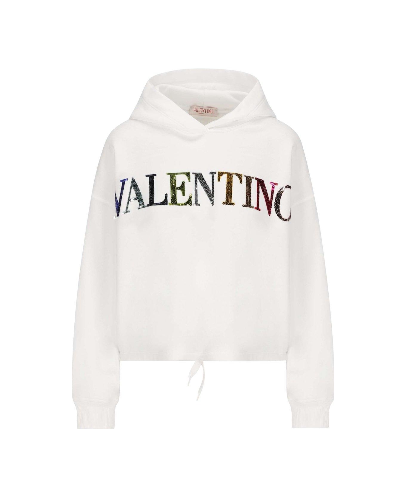 Valentino Logo Embellished Long-sleeved Hoodie - Bianco