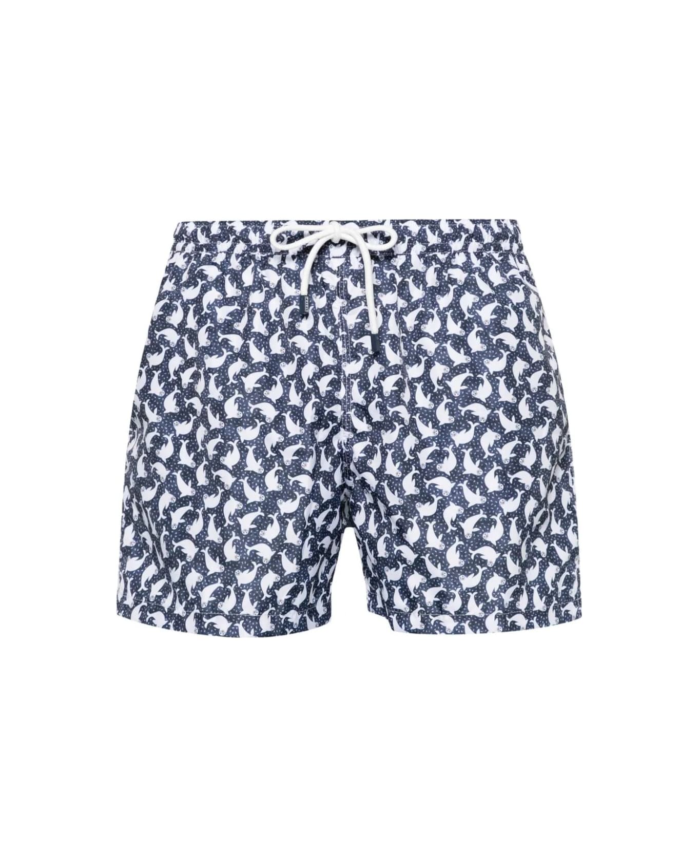 Fedeli Blue Swim Shorts With Seal Pattern - Blue