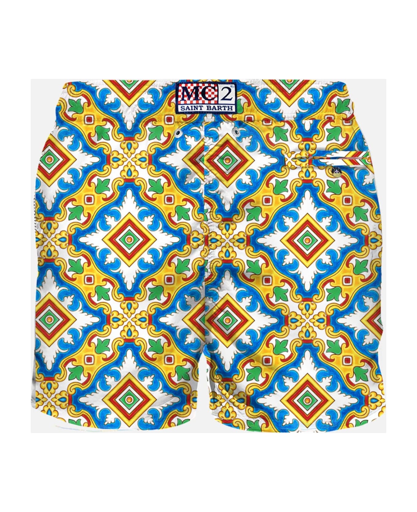MC2 Saint Barth Man Light Fabric Swim Shorts With Maiolica Print - WHITE