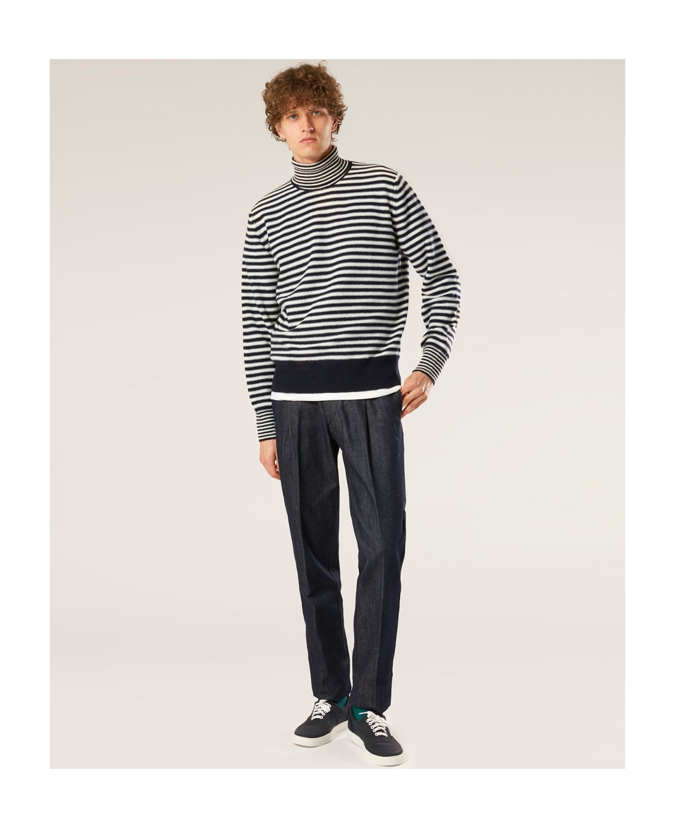 doppiaa Aaitor White And Blue Wool Striped Turtleneck
