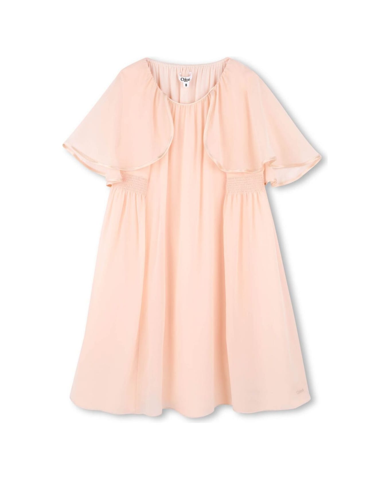 Chloé Pink Dress With Round Neck And Cape Design In Silk Girl - Pink