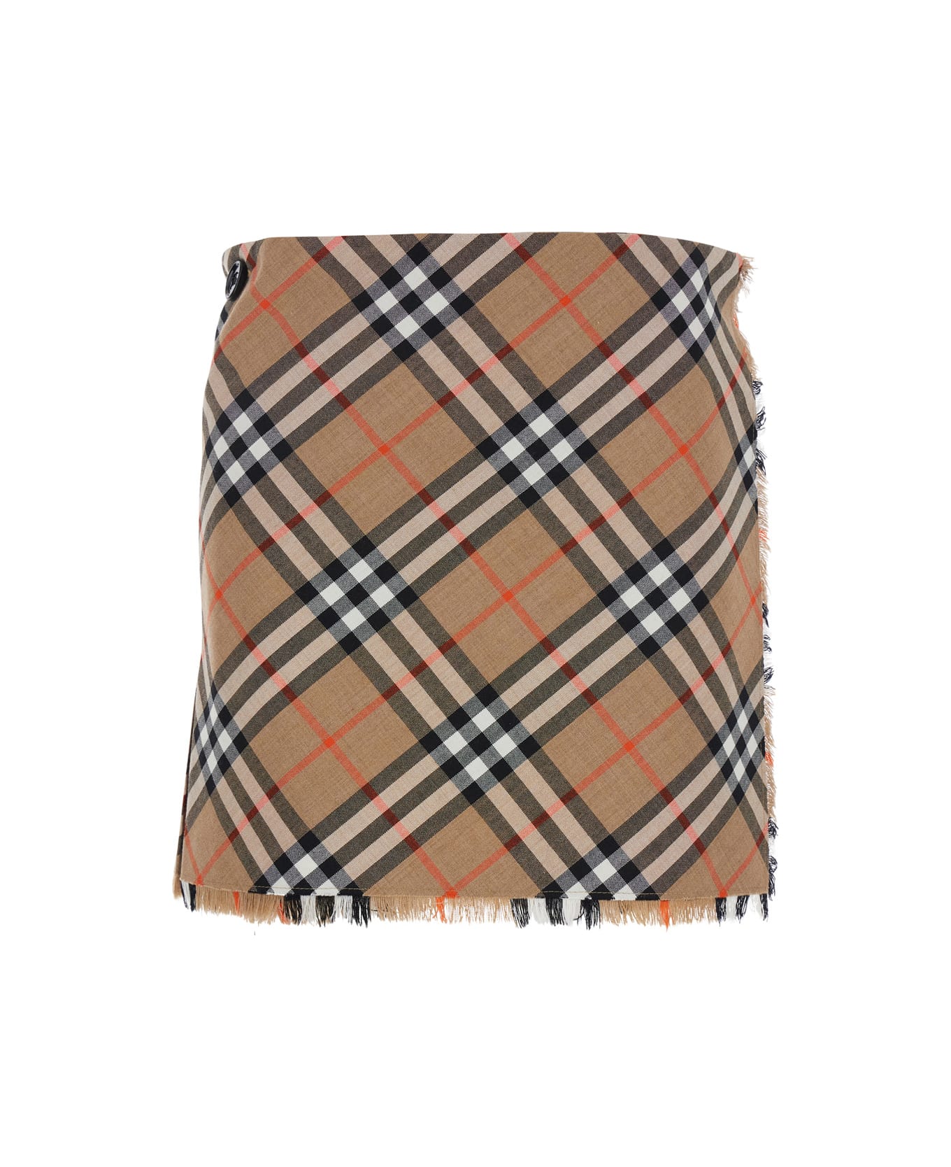 Burberry Beige Skirt With Fringed Details And All-over Check Motif In Wool Blend Woman - Beige