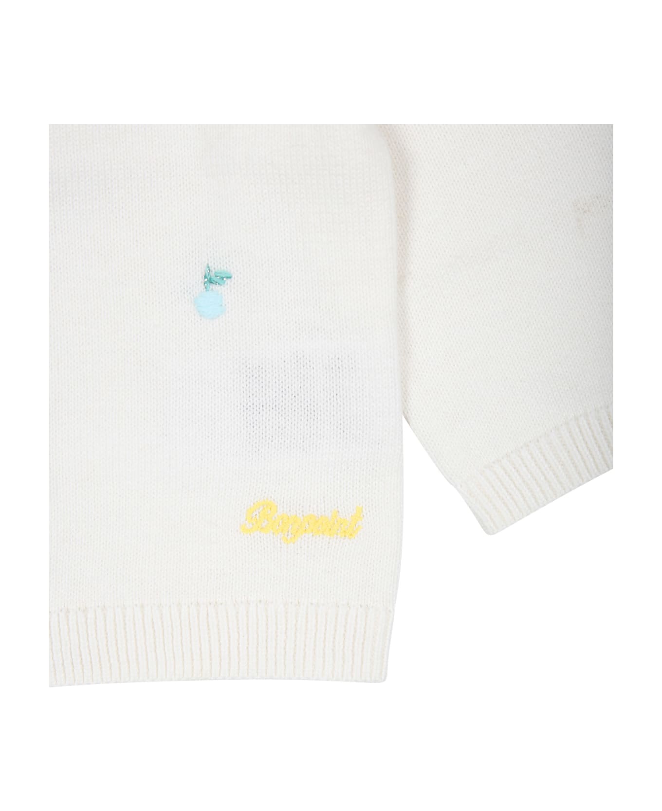 Bonpoint White Cardigan For Baby Girl With All-over Embroidered Cherries - White ニットウェア＆スウェットシャツ