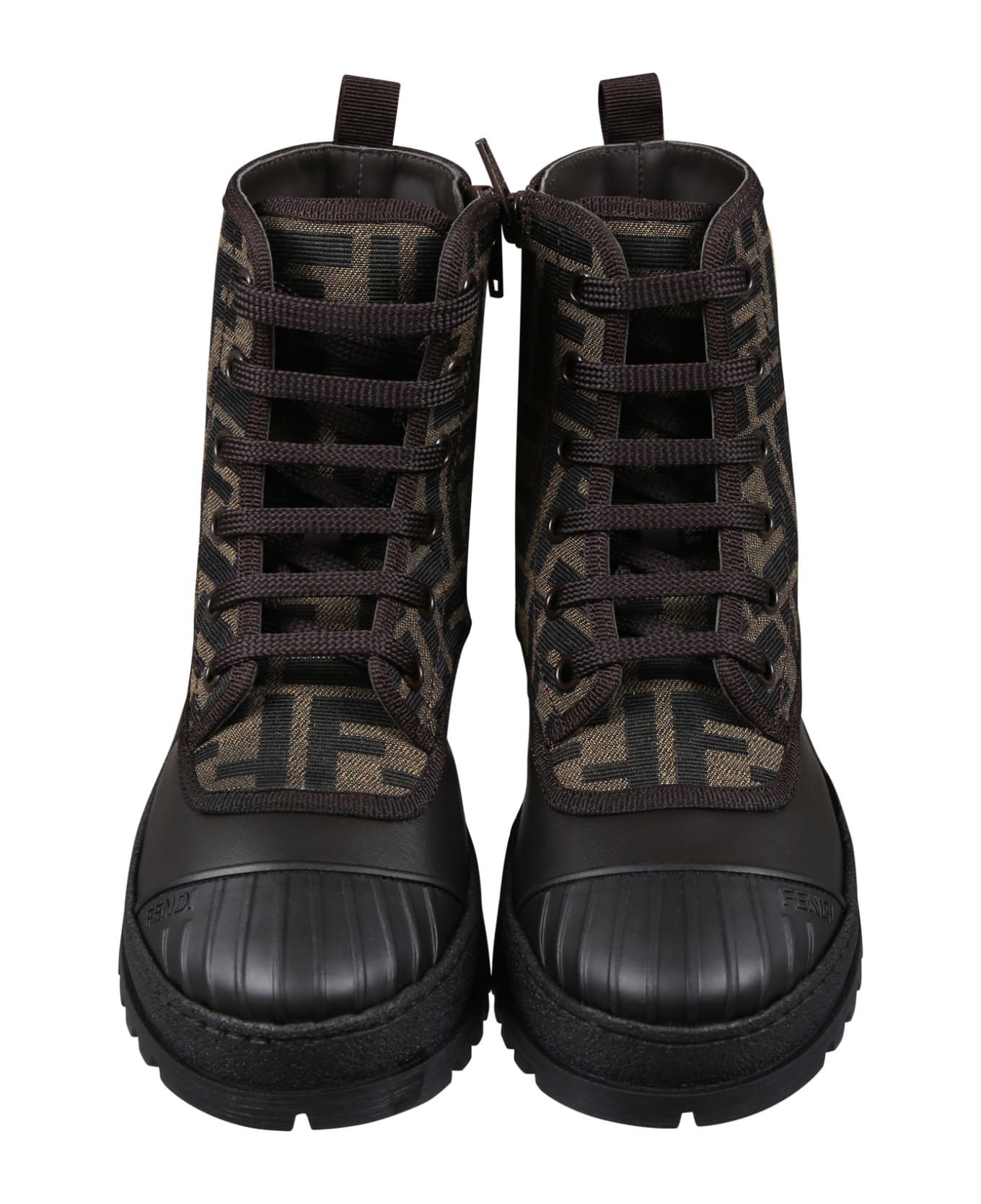 Fendi Brown Combat Boots For Kids With Ff Logo - Brown