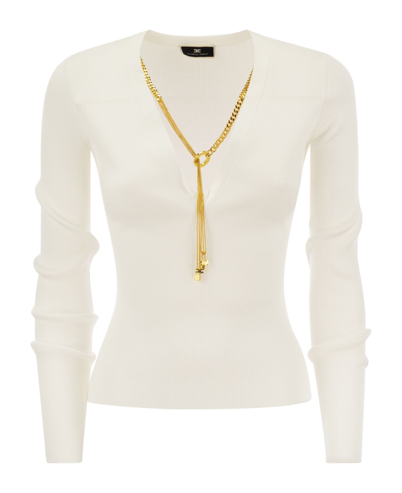 Elisabetta Franchi Tricot Sweater With Jewel - White