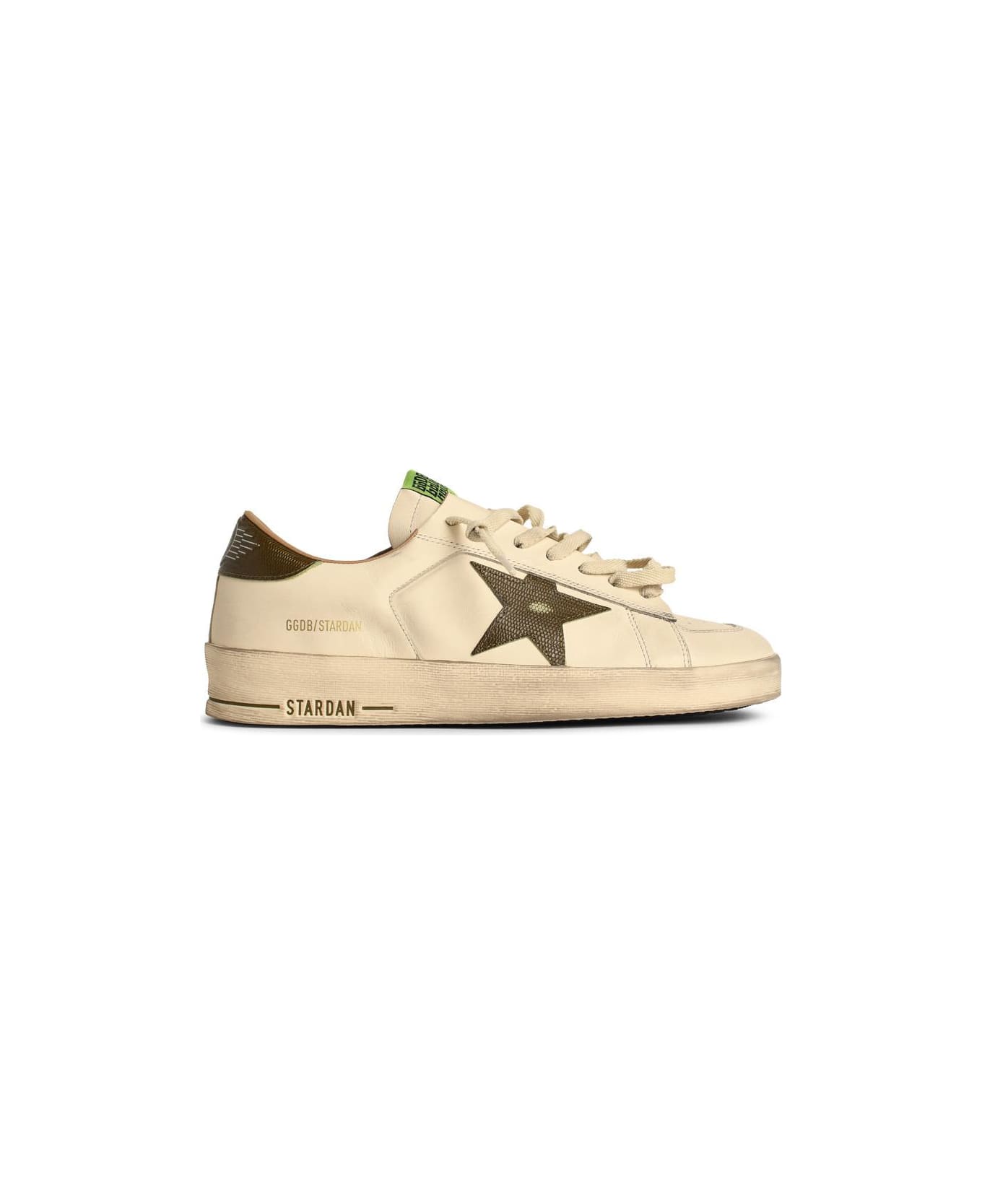 Golden Goose 'stardan' White Leather Sneakers With Green Star And Heel - Bianco