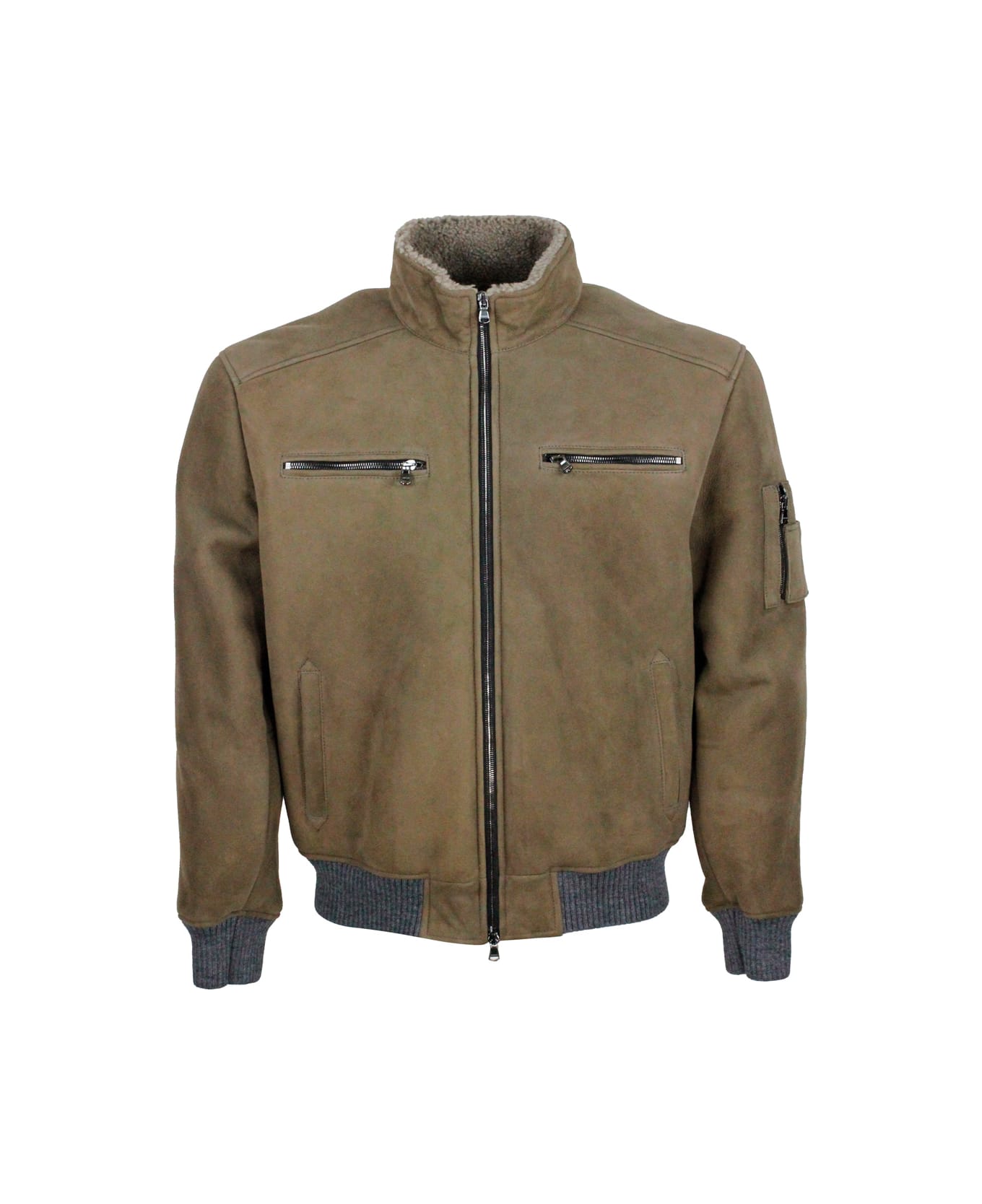 Barba Napoli Bomber Jacket In Fine And Soft Shearling Sheepskin With Stretch Knit Trims And Zip Closure. Front Pockets - Taupe