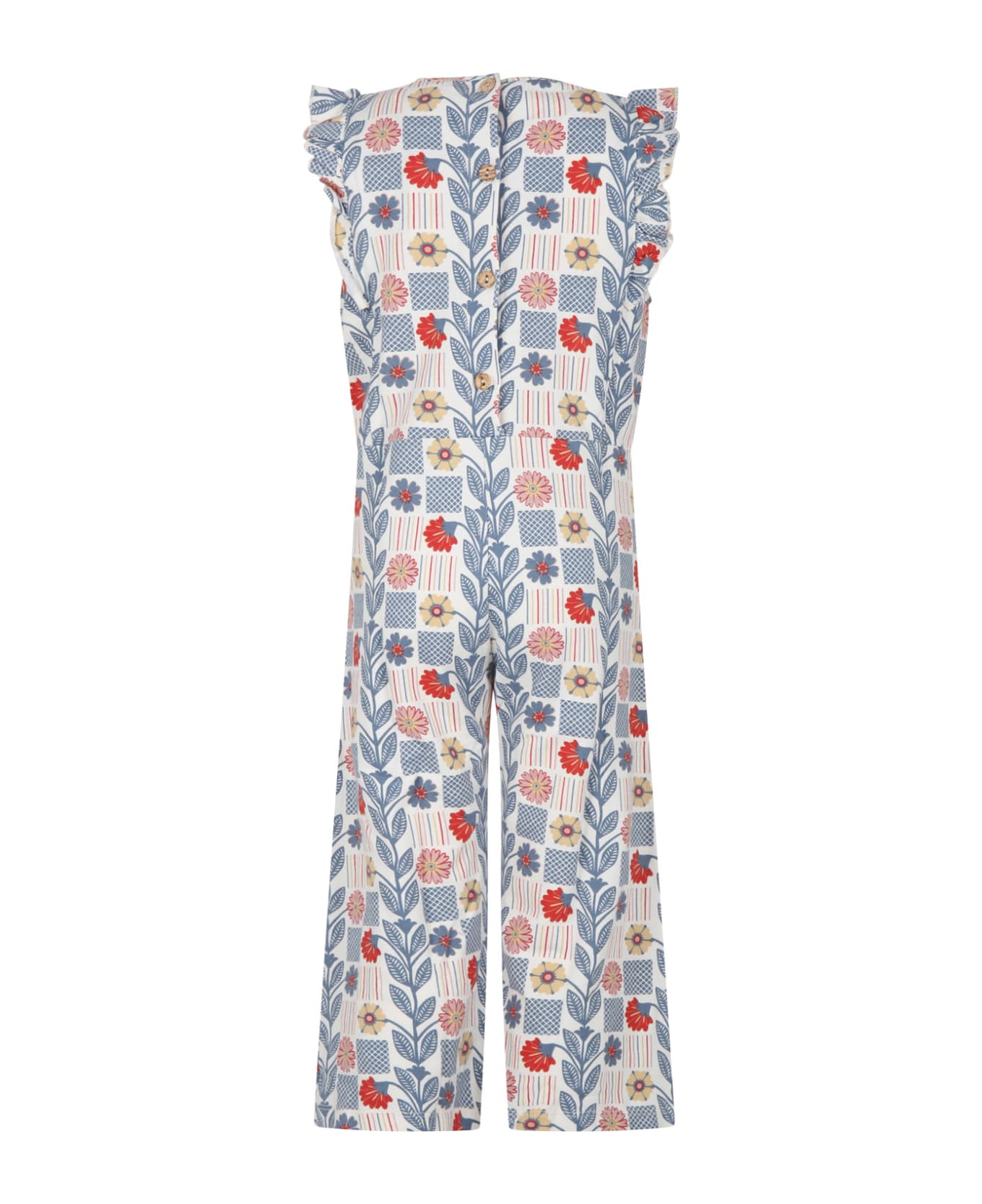 Coco Au Lait White Jumpsuit For Girl With Flowers Print - Multicolor