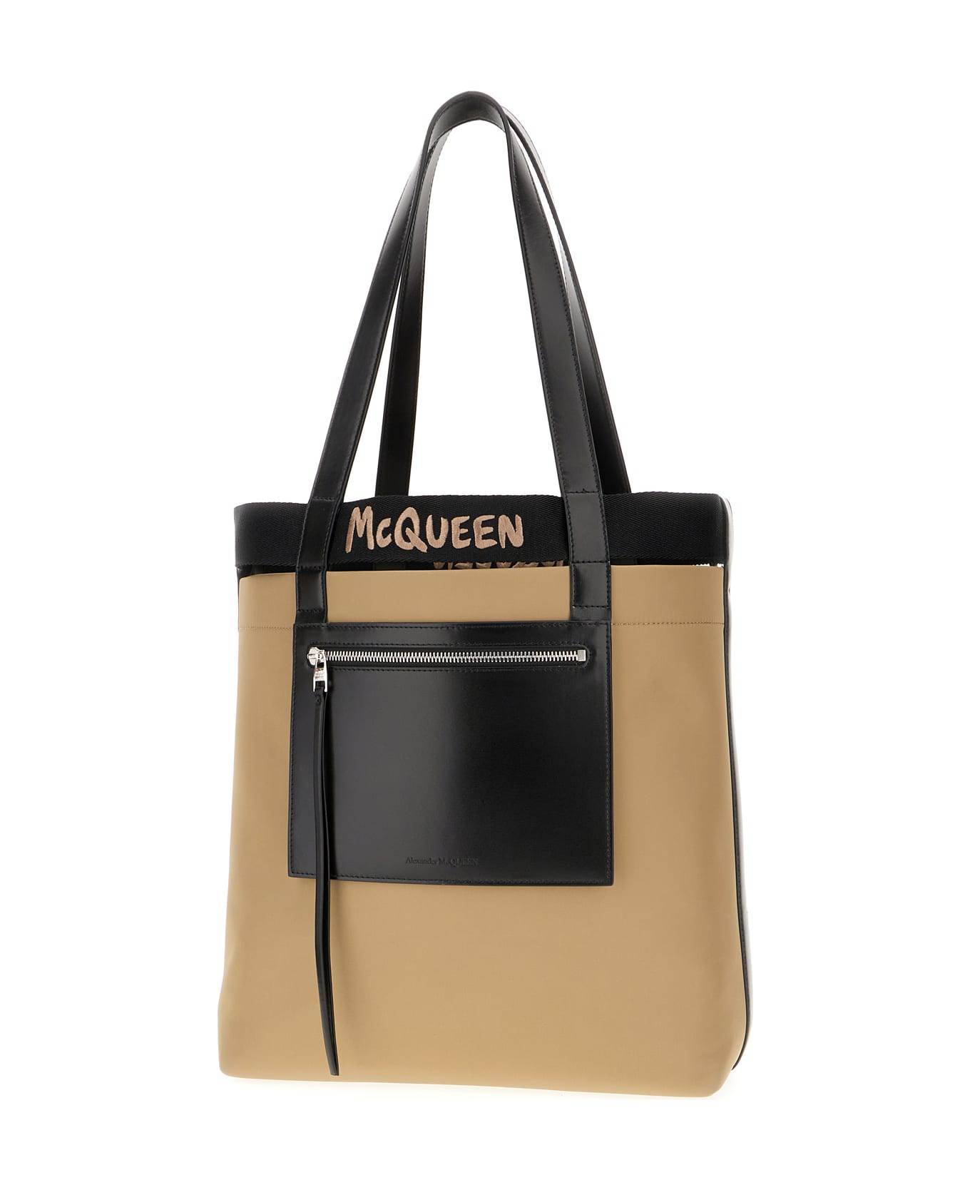 Alexander McQueen Logo Embroidered Shopper Bag - BEIGE BLACK