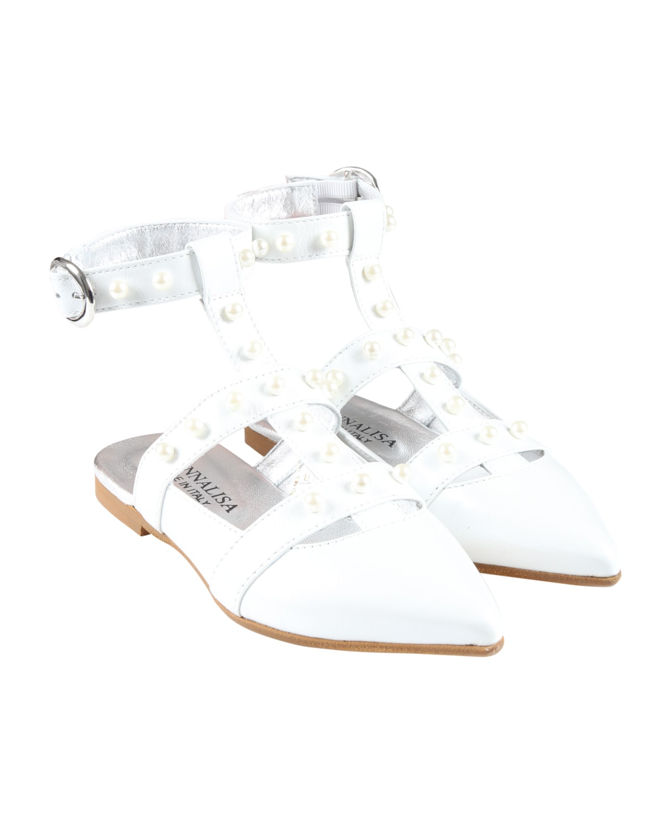 Monnalisa White Ballet-flats For Girl With Pearls - White