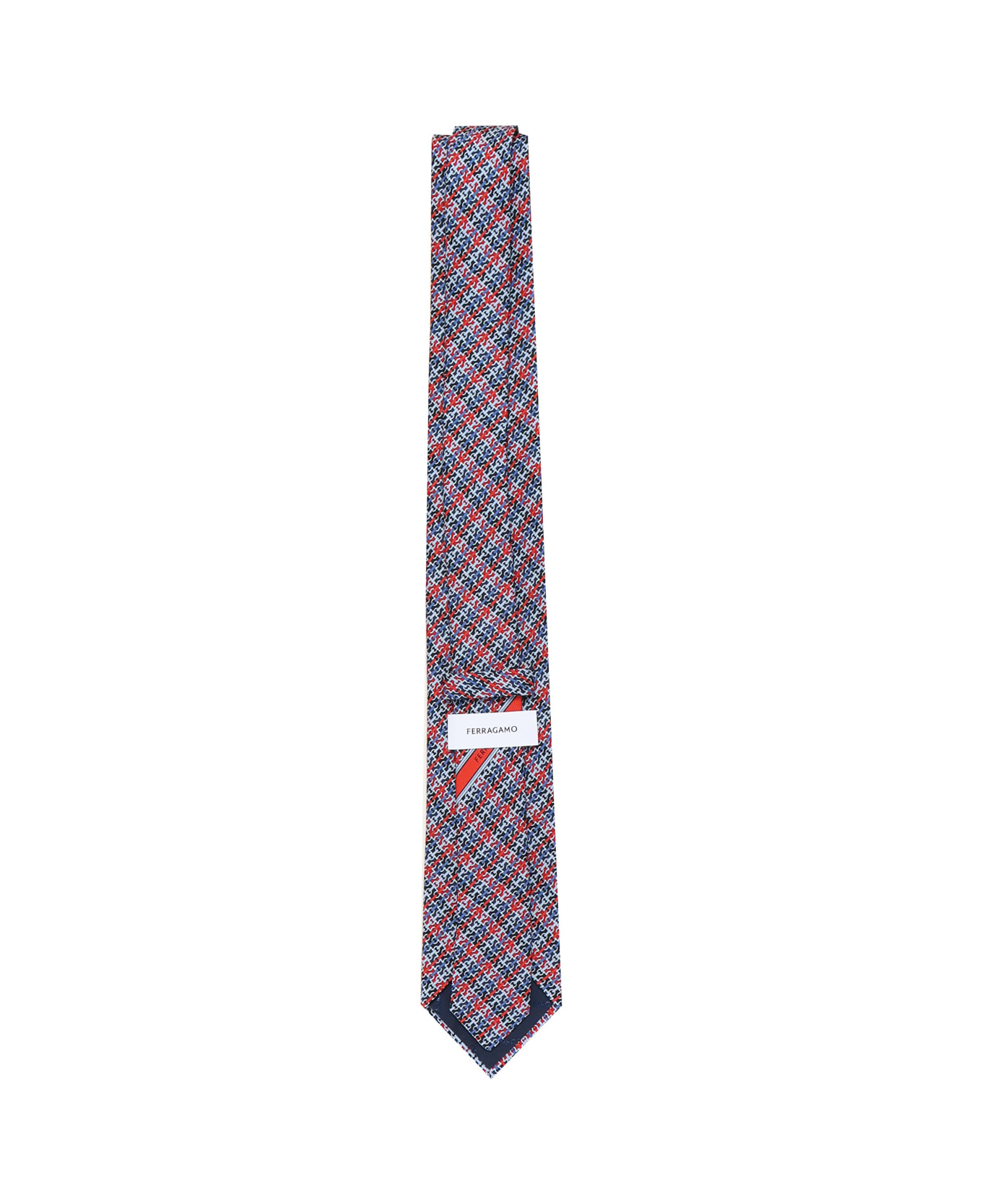 Ferragamo Silk Tie With Gancini Chain Print - BLUE/MULTI
