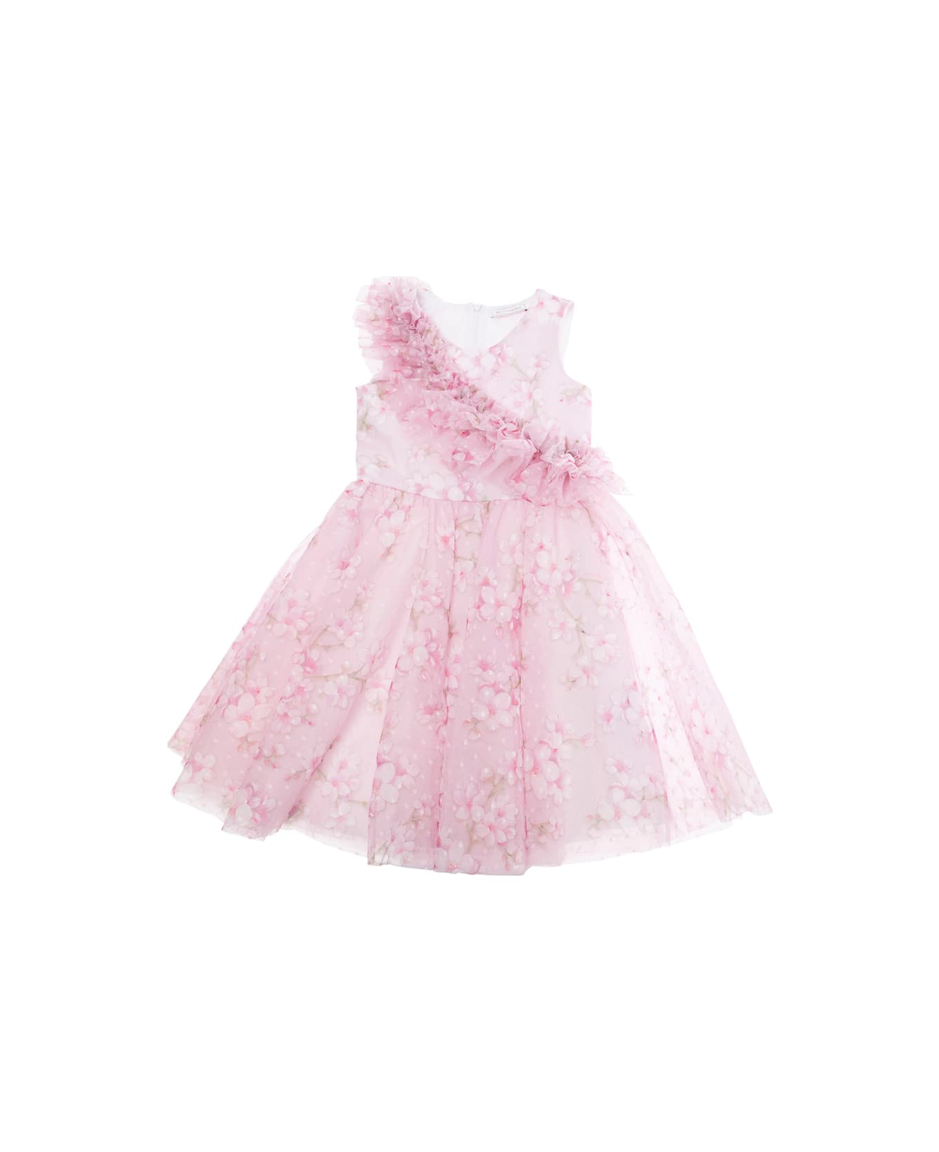 Monnalisa 'compleanno' Pink Dress With Maxi Ruches And All-over Floral Embellishments In Tech Fabric Girl - Pink