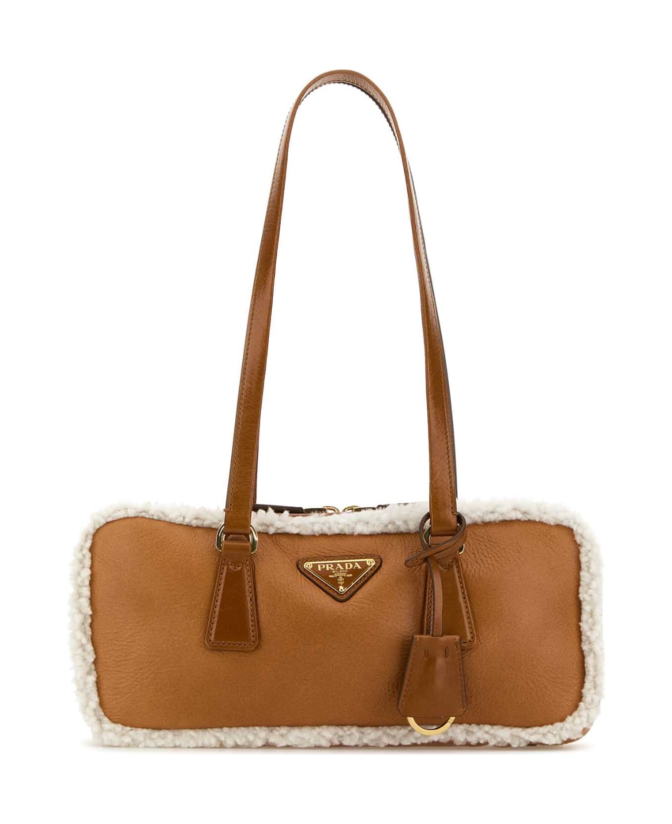 Prada Two-tone Leather And Shearling Handbag - COGNAC+NATURALE