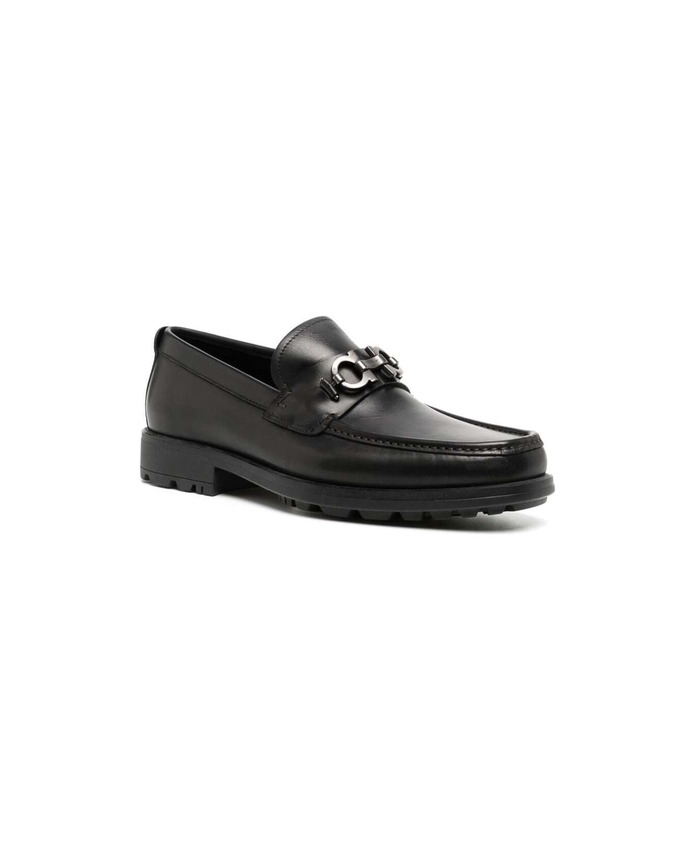Ferragamo 'david' Black Loafers Wirh Gancini Details In Leather Man - Black
