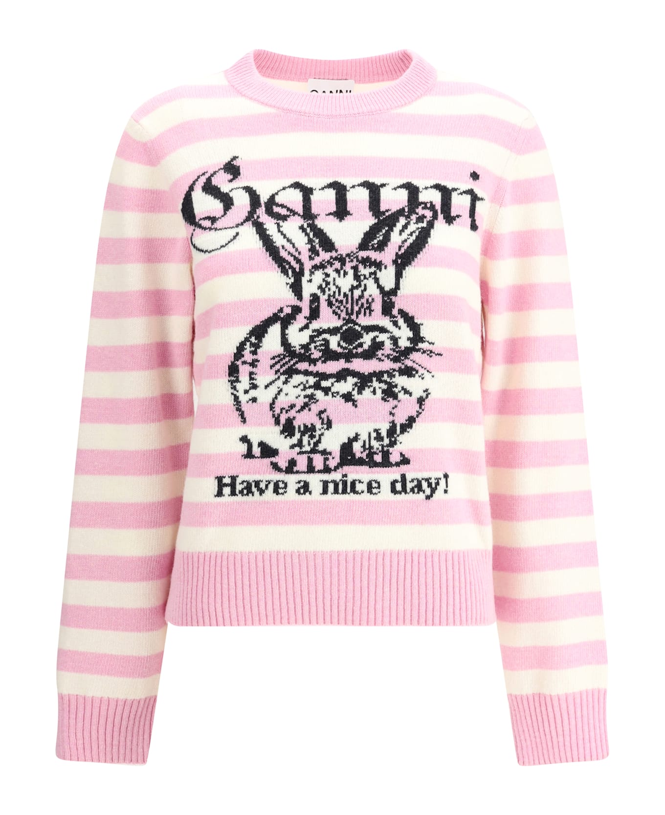 Ganni Striped Sweater With Rabbit - PINK