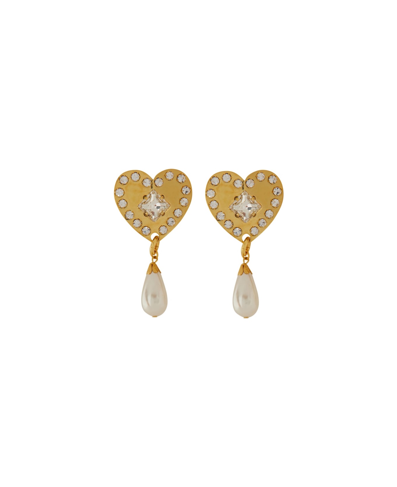 Alessandra Rich Metal Heart Earrings With Crystals - Cry gold