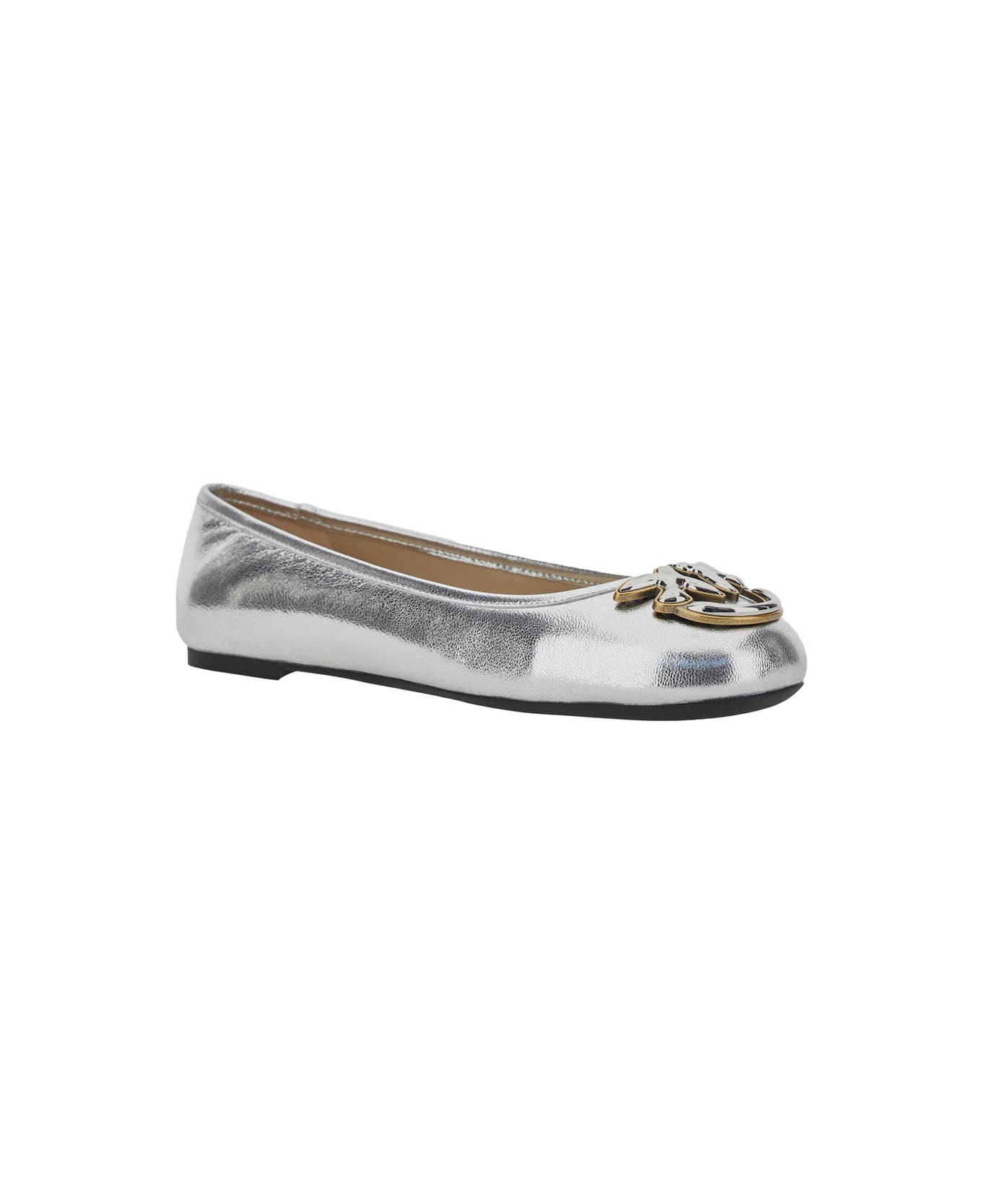 Pinko Metallic 'gioia 03' Ballet Shoes With Love Birds Diamond Cut Logo On The Front In Laminated Leather Woman - Metallic