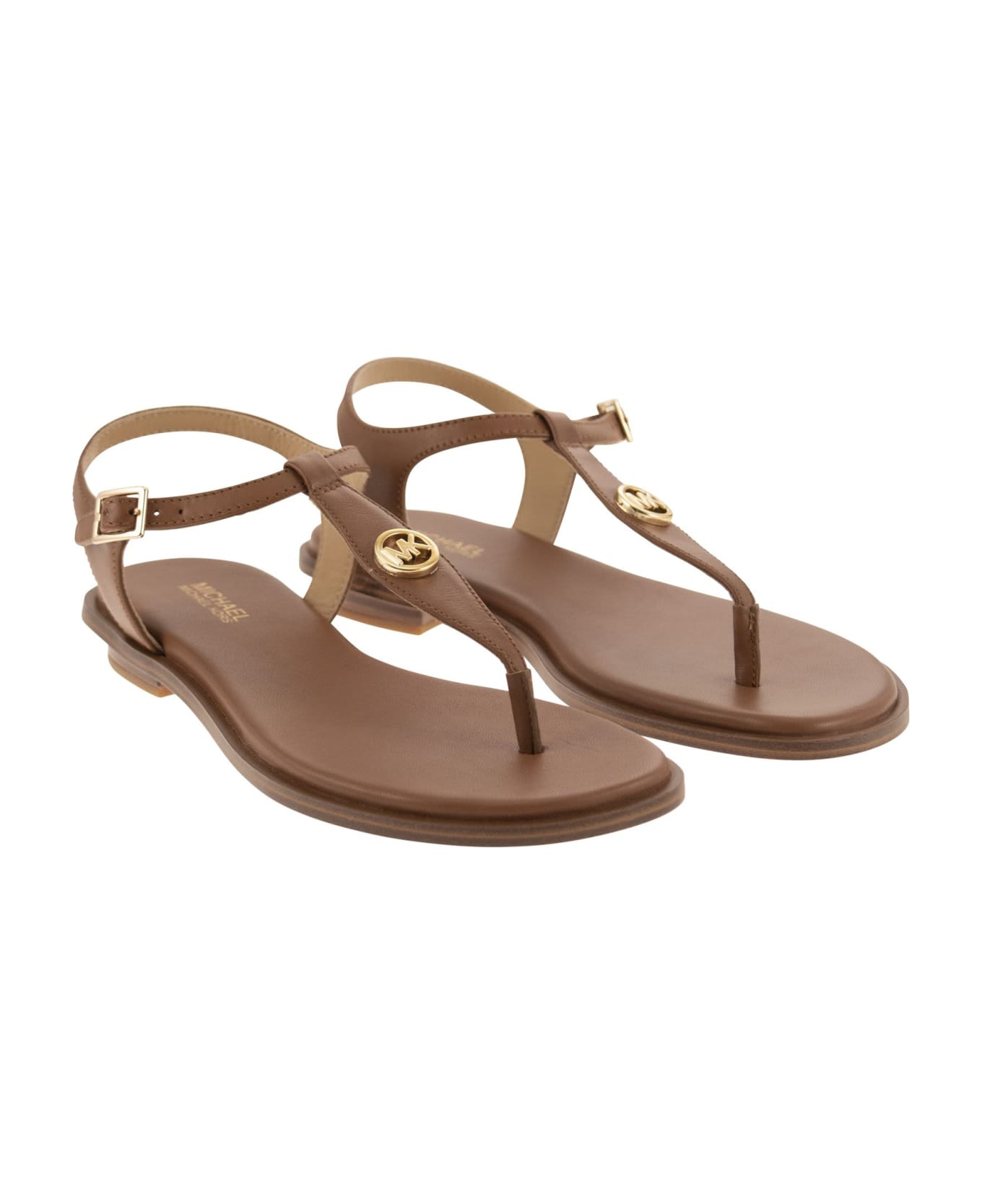 Michael Kors Collection Leather Sandal With Logo - Luggage