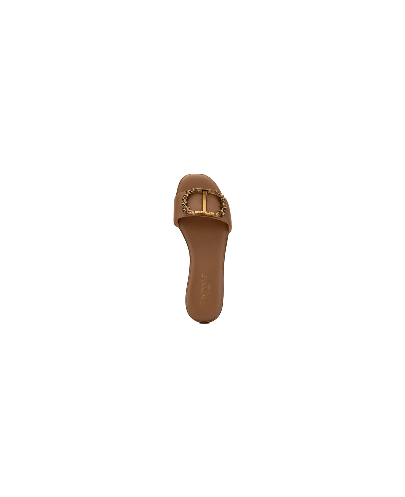 TwinSet Leather Slippers With Logo - Hazelnut