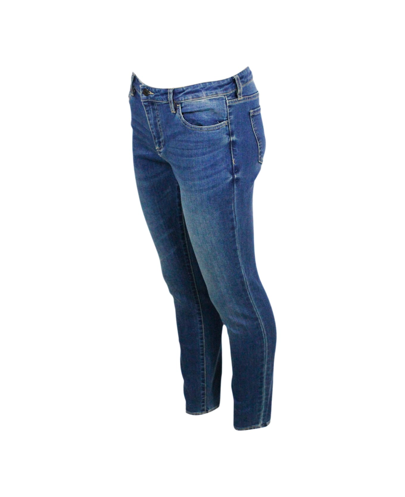 Armani Collezioni Super Skynny Mid Rise Jeans Trousers In Stretch Denim With Logo On The Back Pocket - Denim