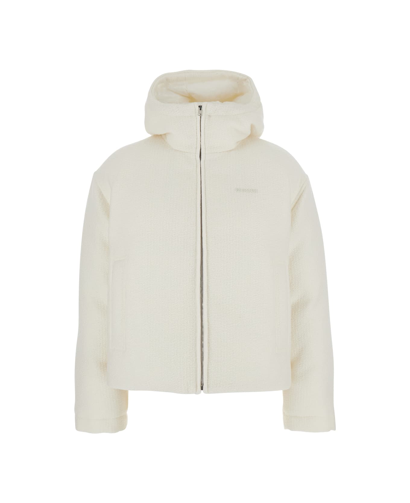 Gucci White Wool Bomber Jacket With Fixed Hood And Logo Lettering On The Front - White