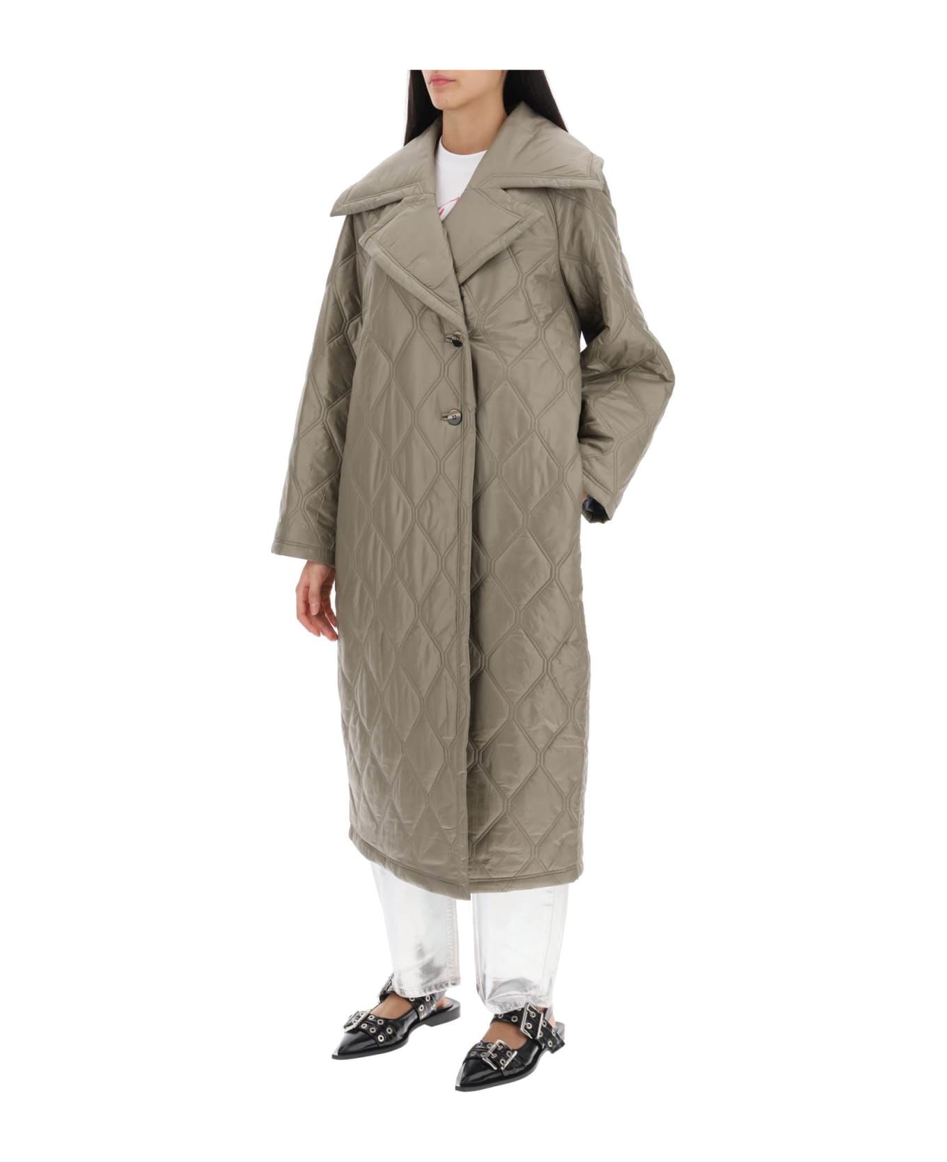 Ganni Quilted Oversized Coat - FALLEN ROCK (Khaki) コート