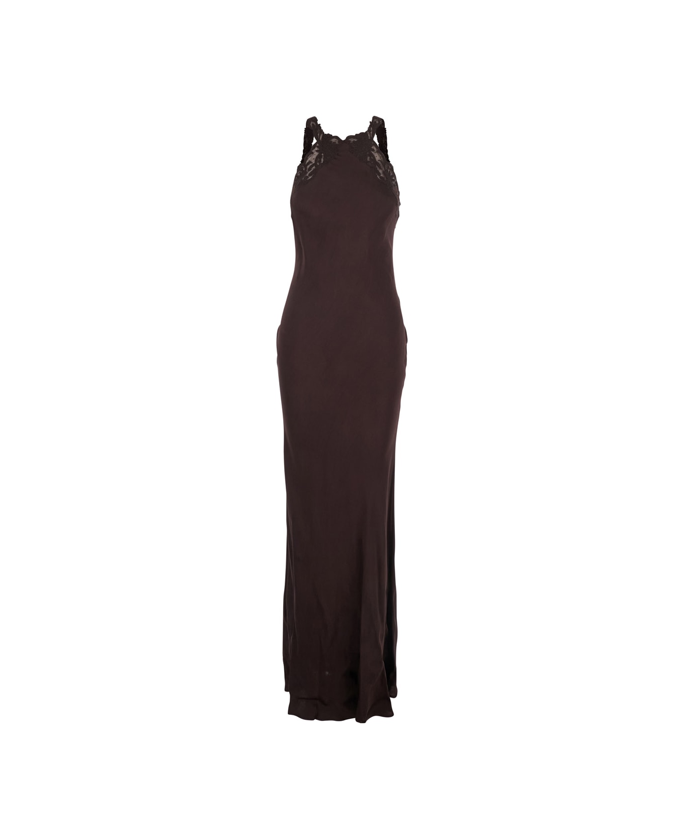 TwinSet Brown Halterneck Long Dress With Lace Embellishment On The Rear In Viscose Woman - Brown