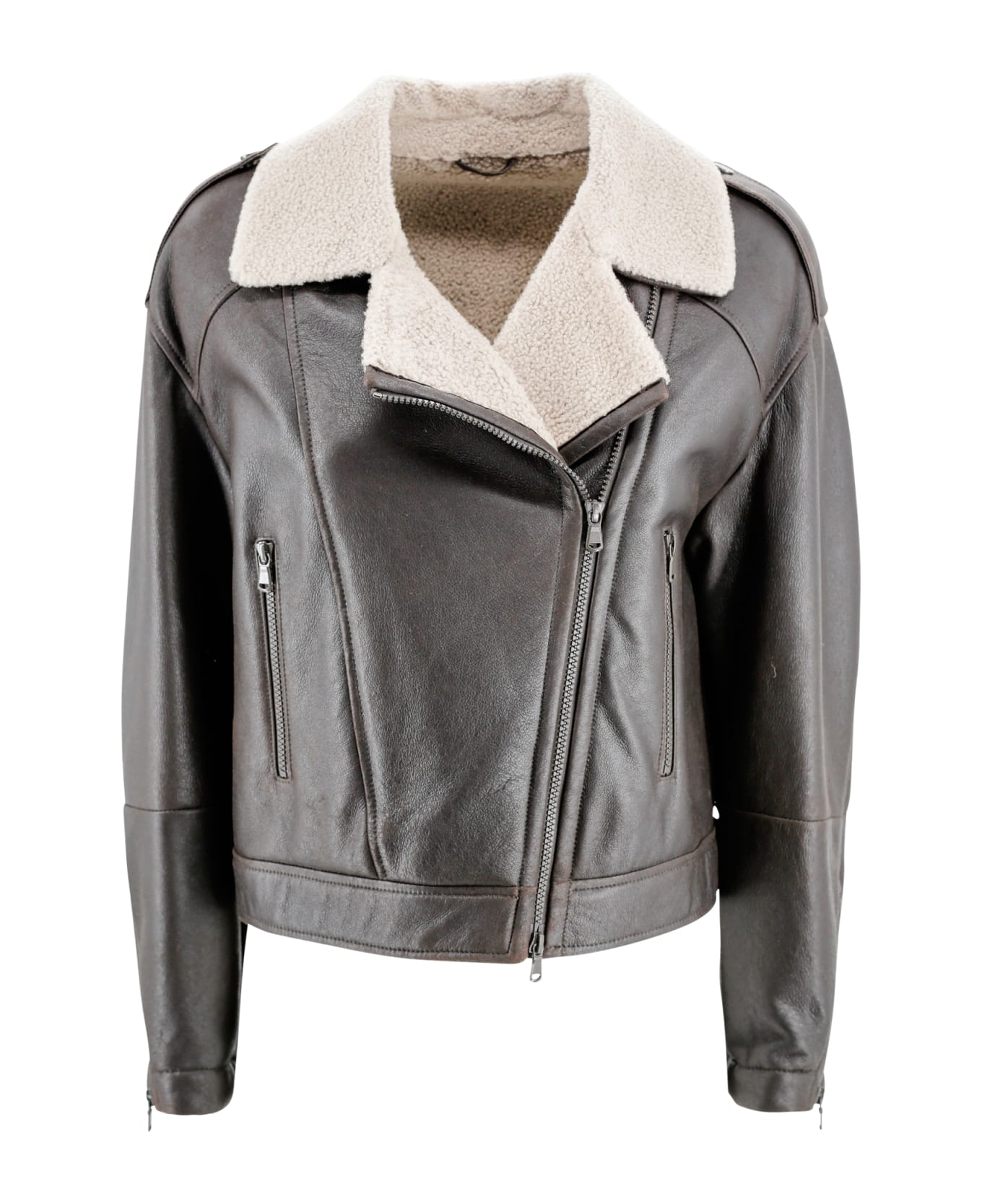 Brunello Cucinelli Giacca Biker In Pelle Con Collo In Shearling - Cioccolato