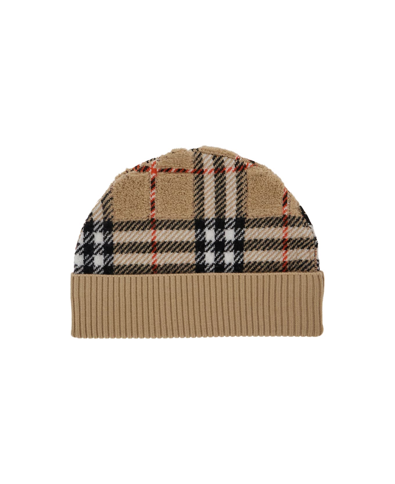 Burberry Beige Beanie With Check Motif And Ribbed Brim In Wool Boy - Beige
