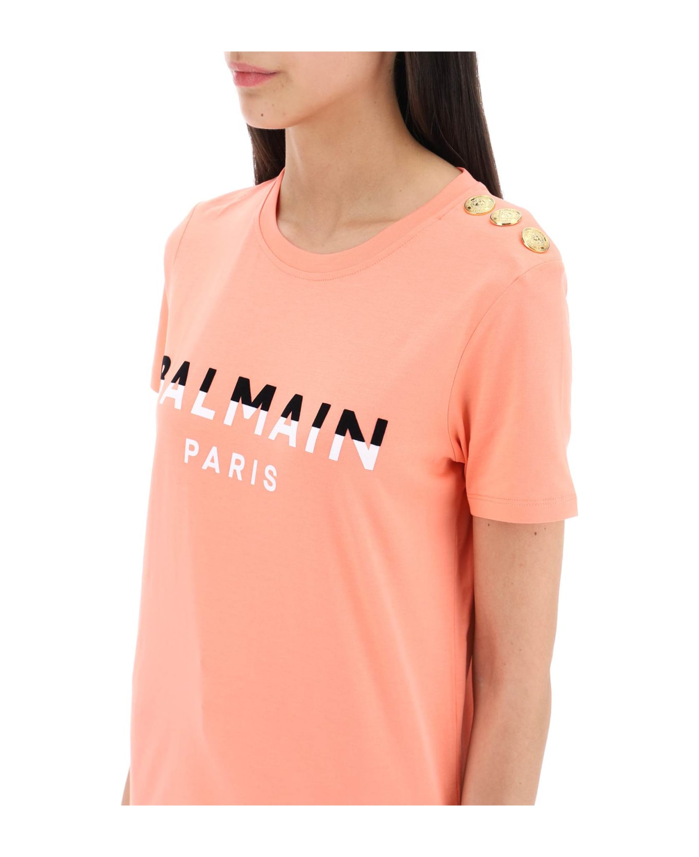 Balmain T-shirt With Flocked Print And Gold-tone Buttons - SAUMON NOIR BLANC (Pink)