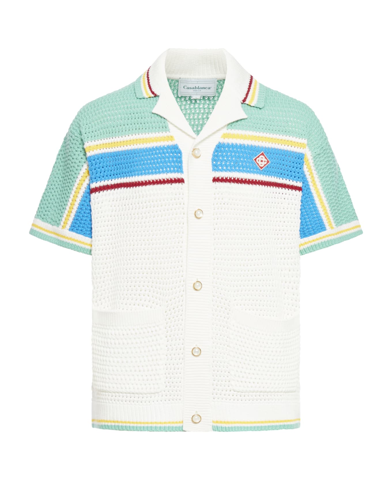 Casablanca Crochet Effect Tennis Shirt - White Blue Multi
