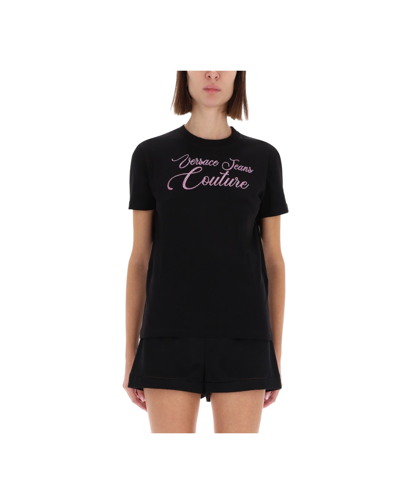 Versace Jeans Couture T-shirt With Logo And Rhinestones - BLACK